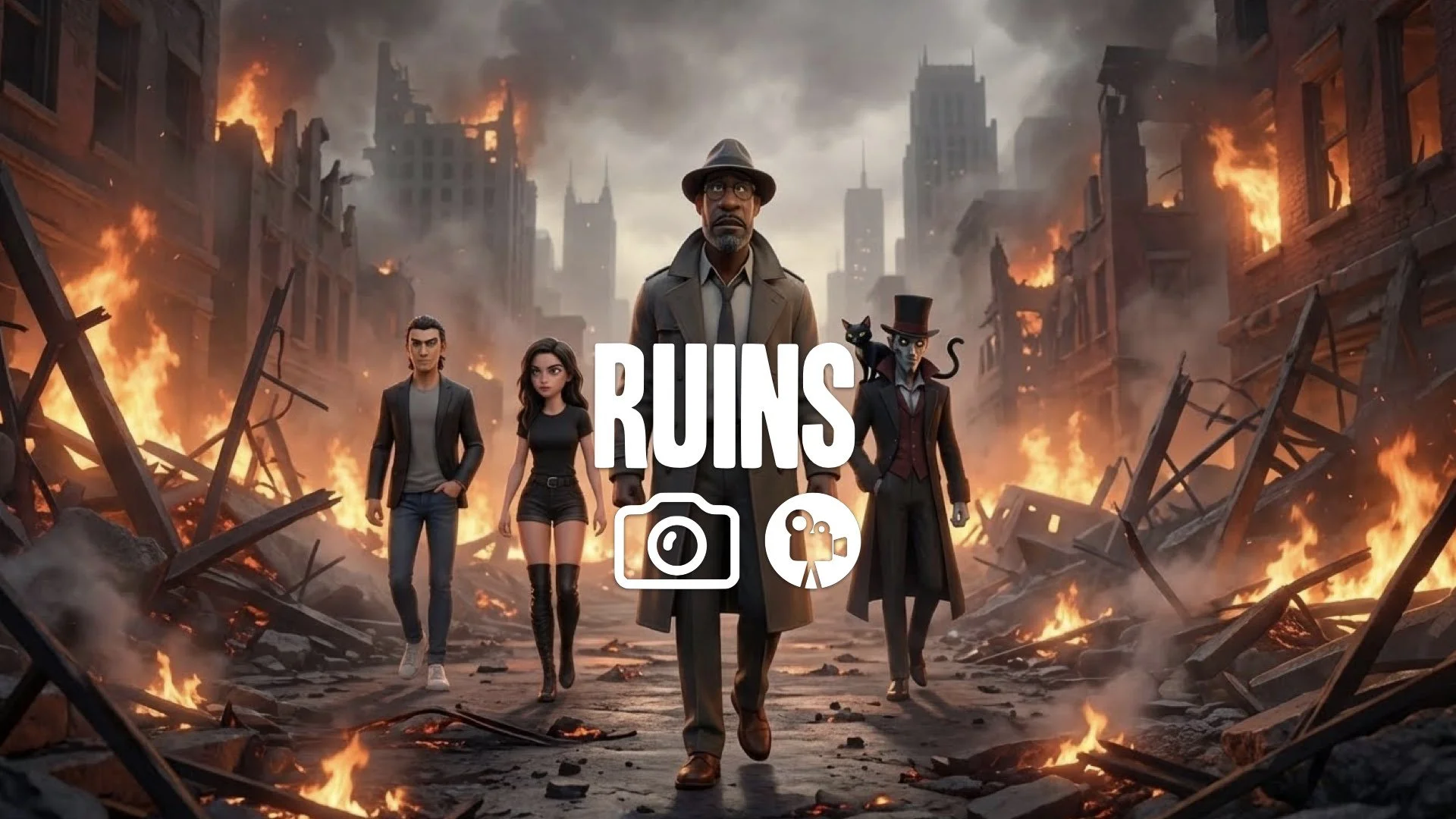 “Keep the character and style. Repose them walking through burning rubble with determination, destruction surrounding them. No music.”