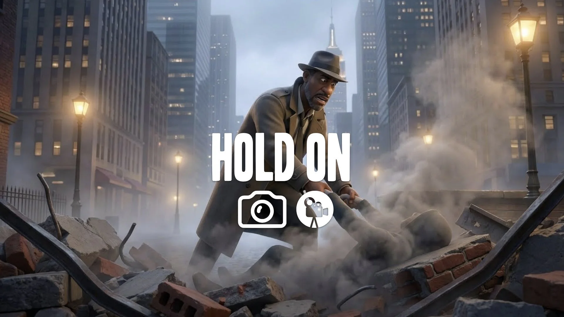 “Keep the character and style. Pose them reaching downward, pulling an unseen person from rubble as smoke rises around them. No music.”