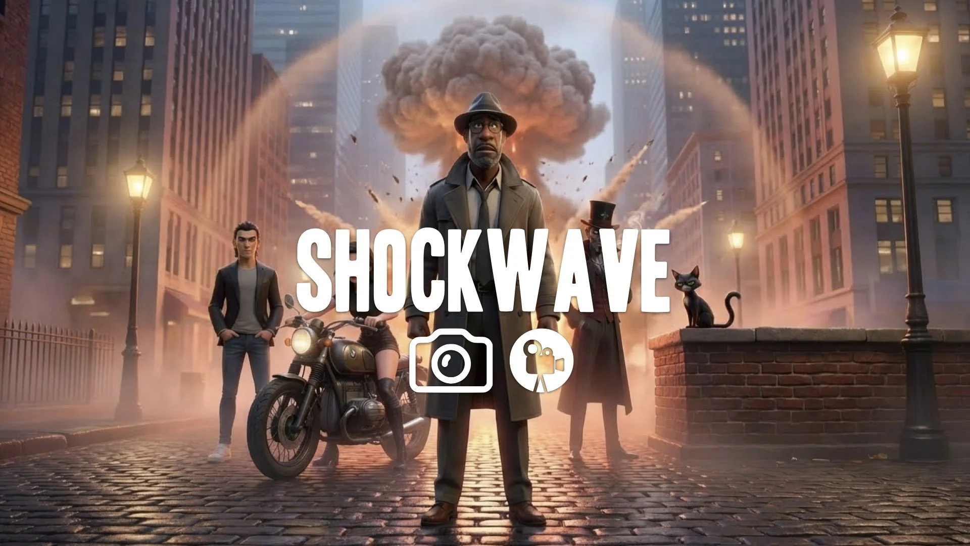 “Keep the character and style. Add a distant explosion with dust, debris, and shockwave lighting.”