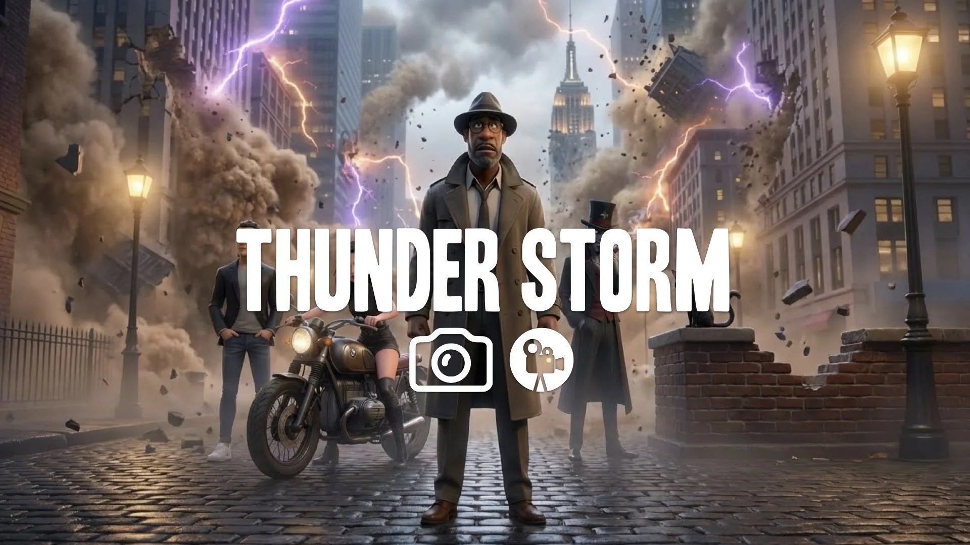 “Keep the character and style. Add falling structures, rubble clouds, and chaotic energy.”