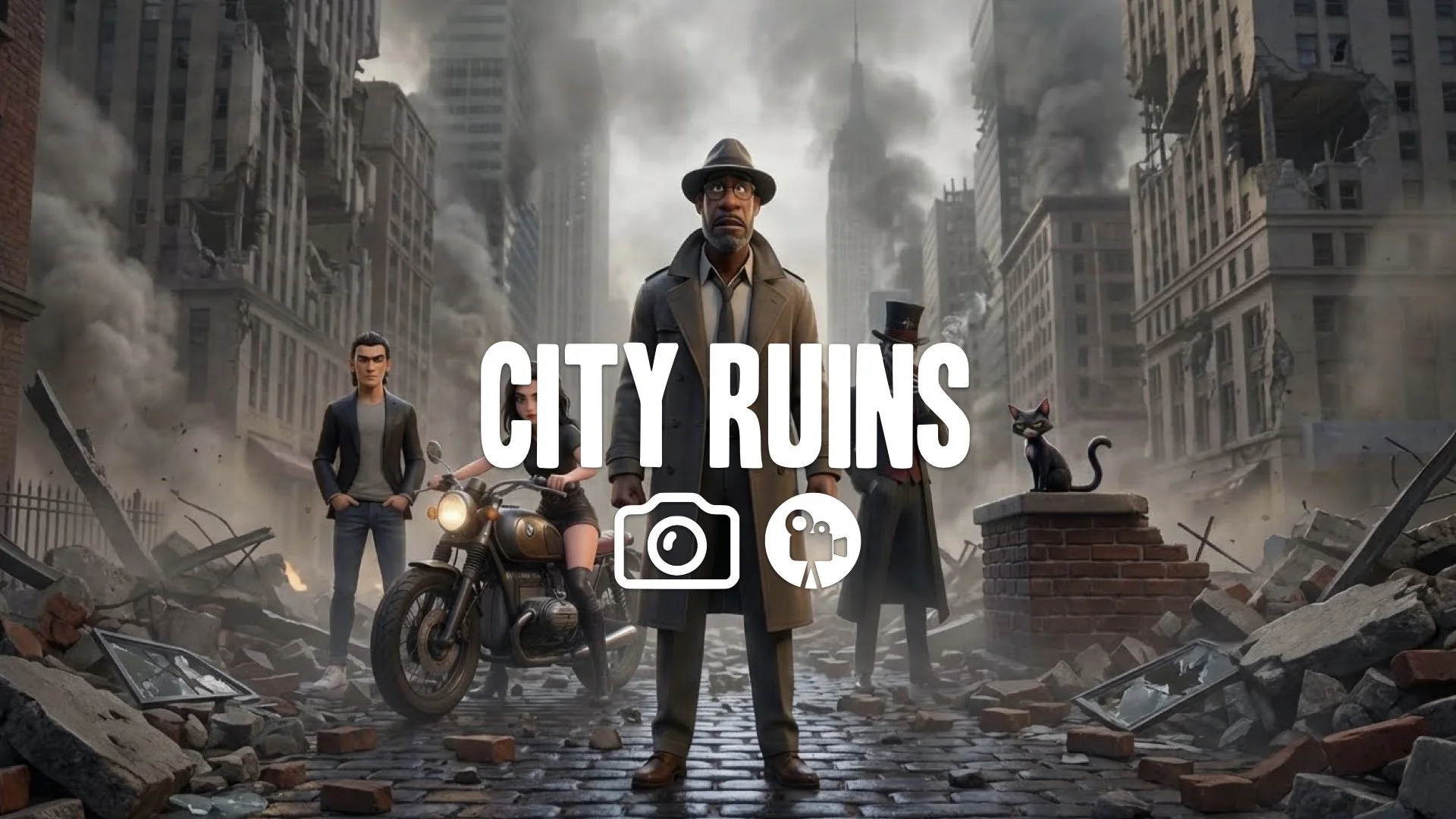 “Keep the character and style. Turn the environment into urban destruction with debris and smoke.”