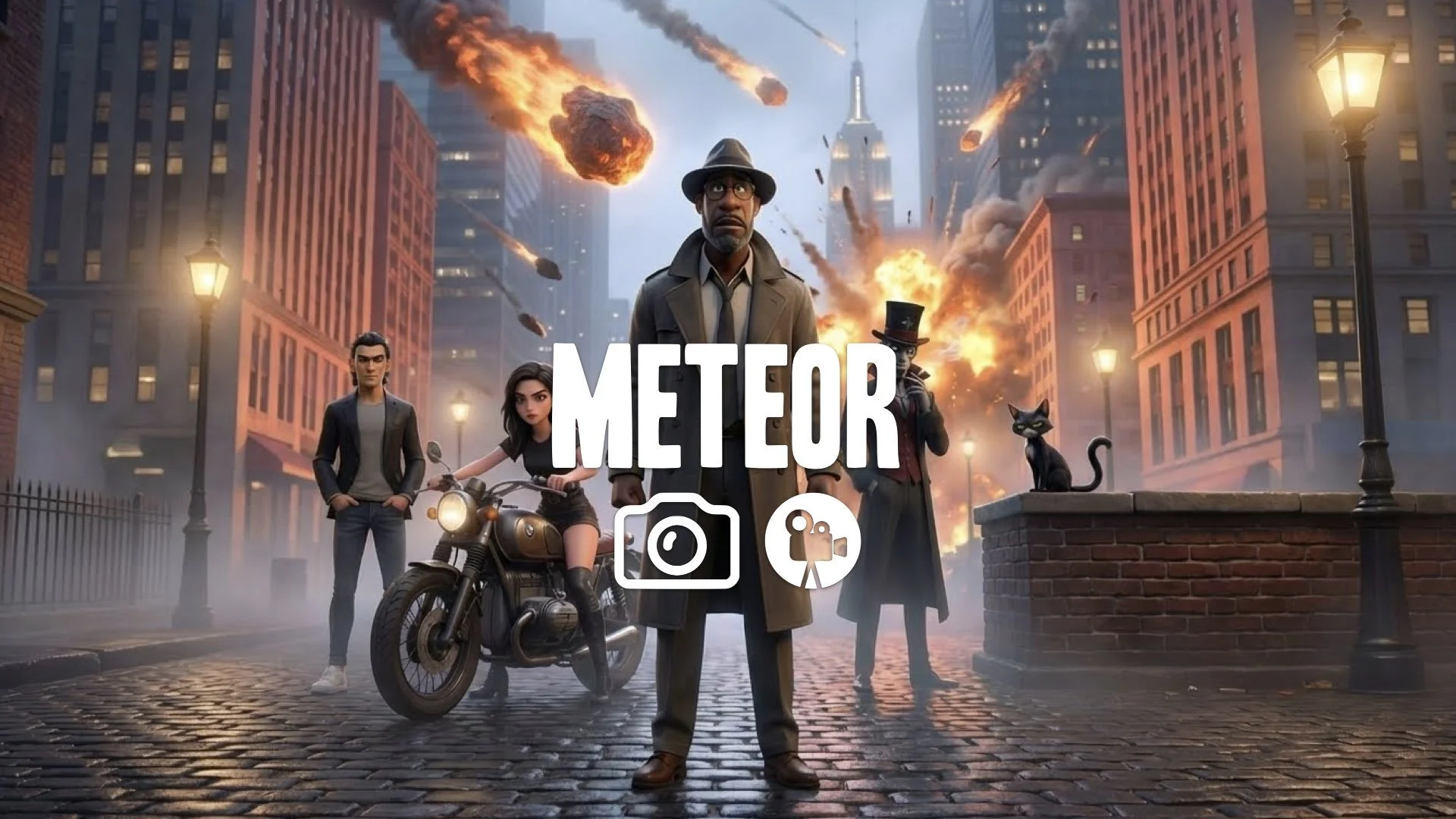 “Keep the character and style. Add fiery rocks falling from the sky and a blast zone in the distance.”