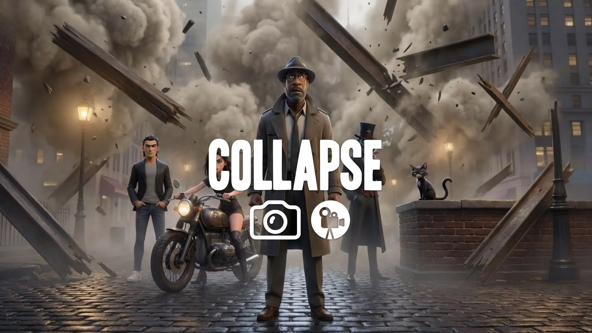 “Keep the character and style. Add dust clouds and collapsing beams above them.”