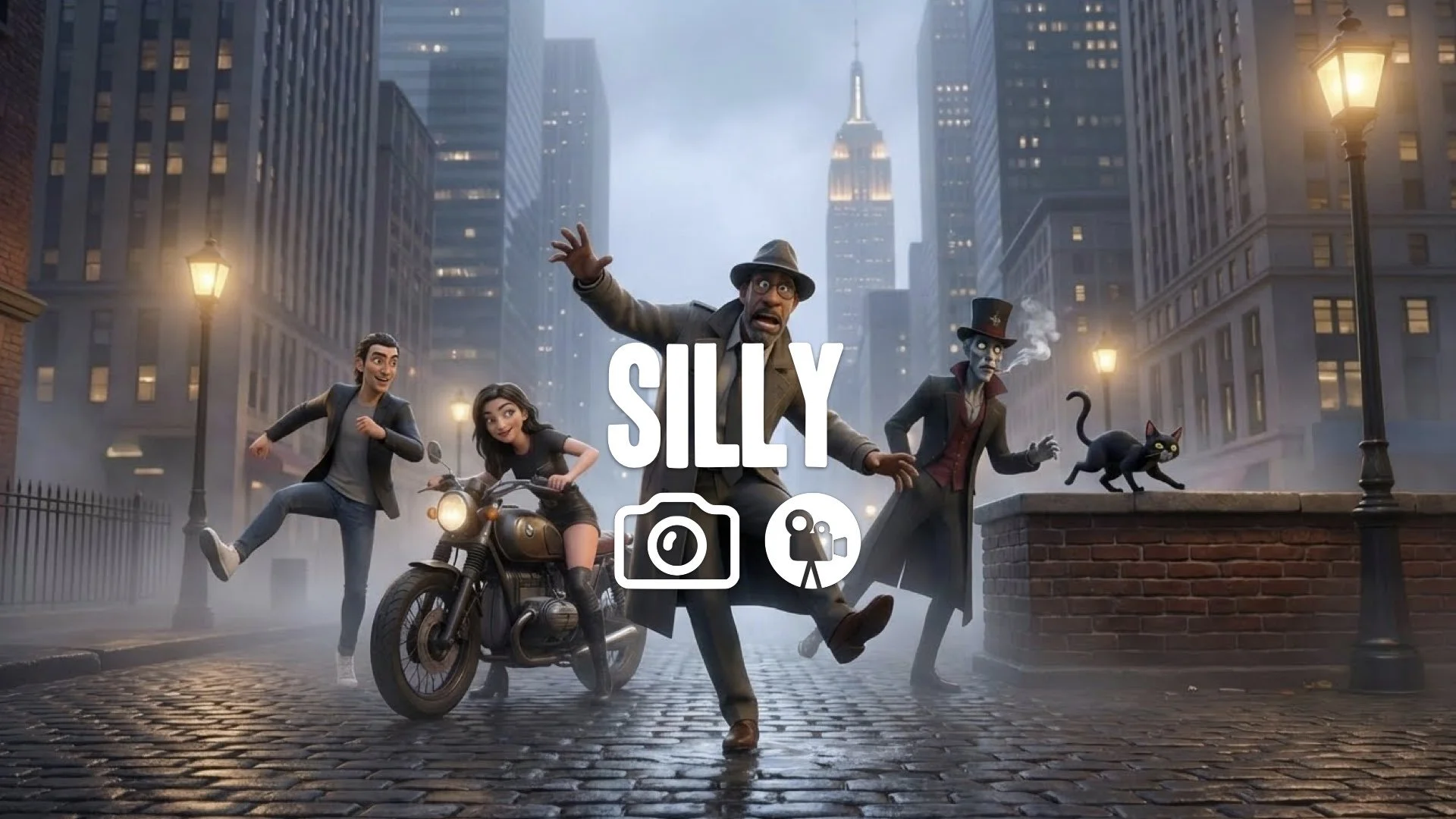 “Keep the character and style. Add playful motion: slipping, jumping, or making a goofy stance.”