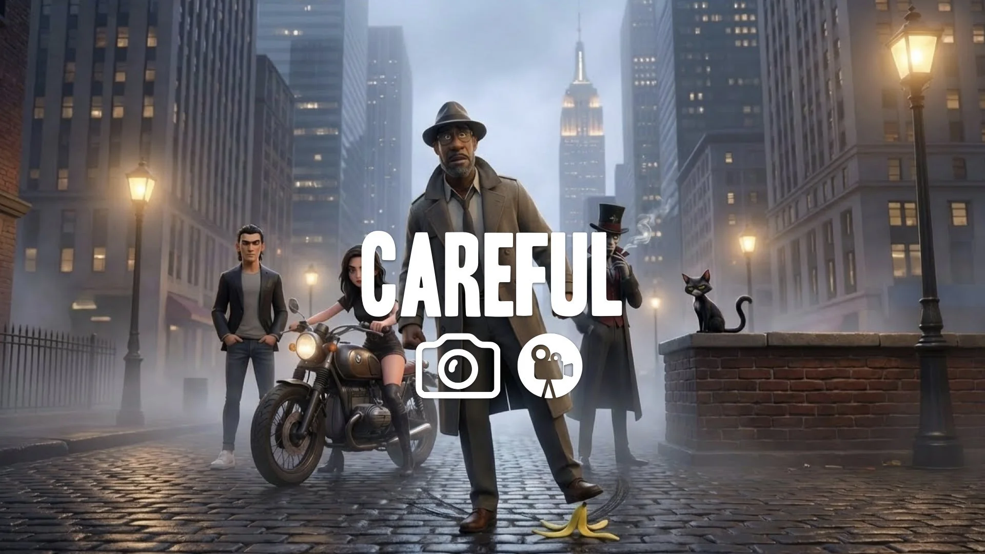 “Keep the character and style. Introduce one humorous object subtly (banana peel, balloon, rubber chicken).”