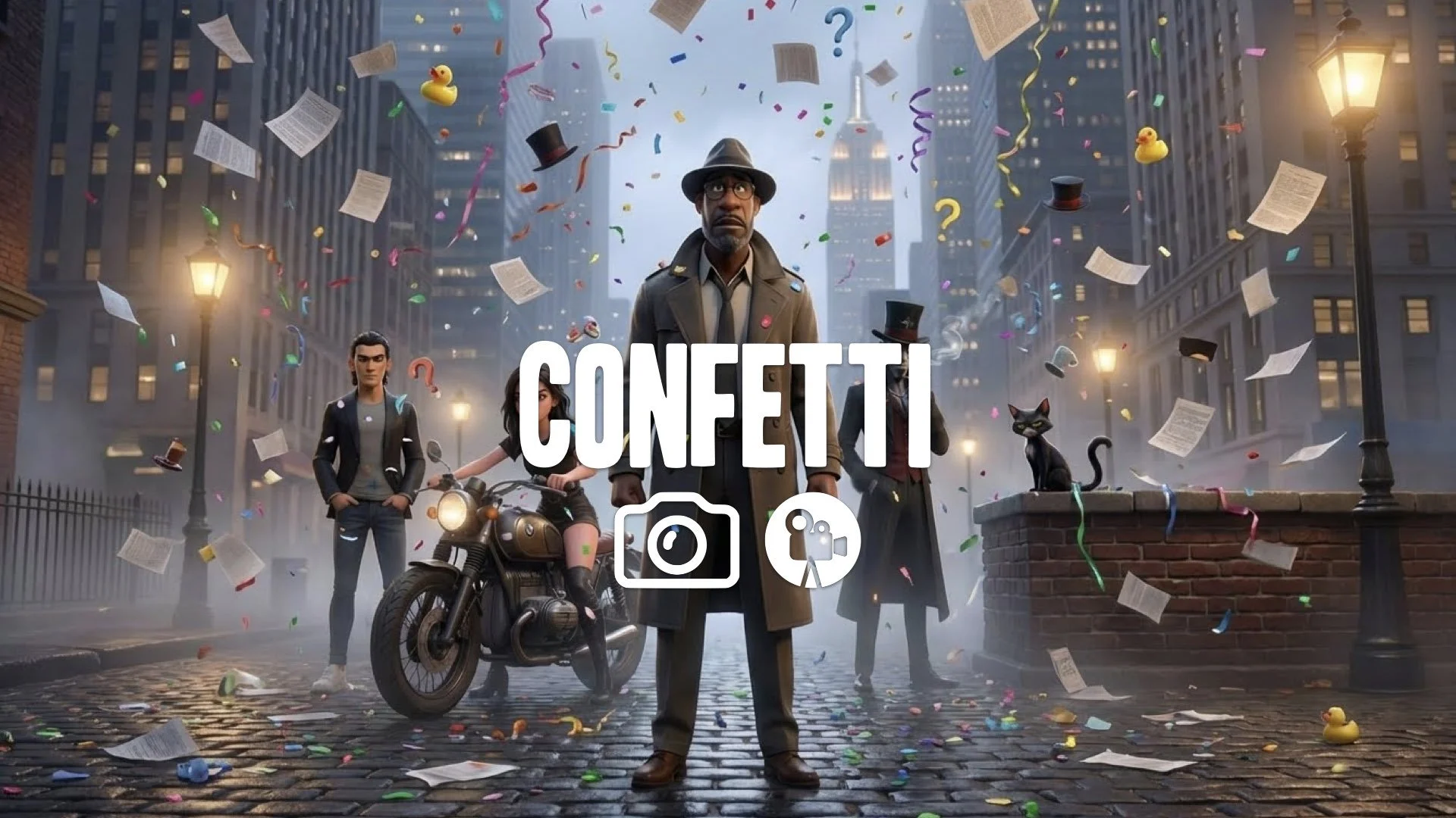 “Keep the character and style. Add falling papers, confetti, or mild nonsense elements.”