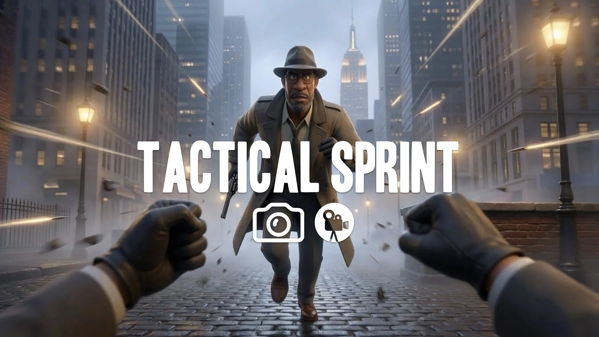 Visceral FPS sprint view. Camera shakes rhythmically. Hands pump, weapon bobs. Debris and tracer fire streak past the lens. High tension. Keep the character and the original style. No music.