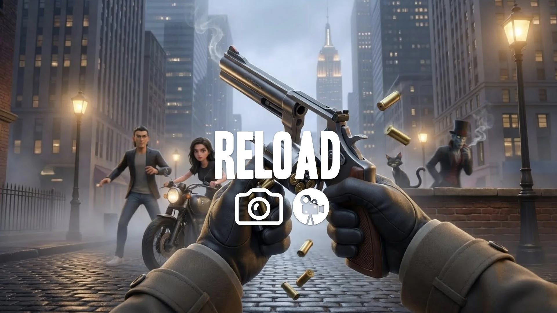 Tense FPS reload view. Hands jerk empty mag free, weapon tilted sharply. Spent casings eject and tumble down. High combat stress. Keep the character and the original style. No music.