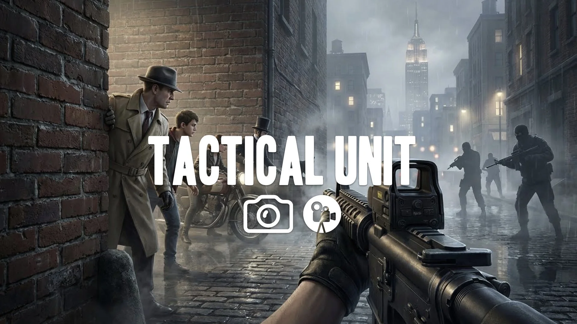 FPS tactical lean around wall. Weapon raised. Enemy silhouettes in distance. High combat suspense. Keep the character and the original style. No music.