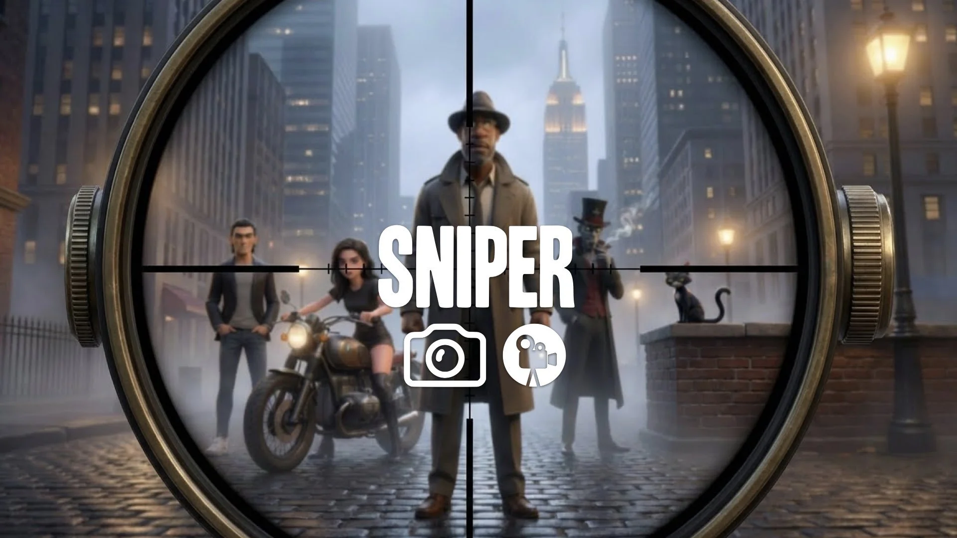 FPS sniper scope view. Crosshair over distant blurred target. Heat shimmer. Slight breathing sway on reticle. High tension. Keep the character and the original style. No music.