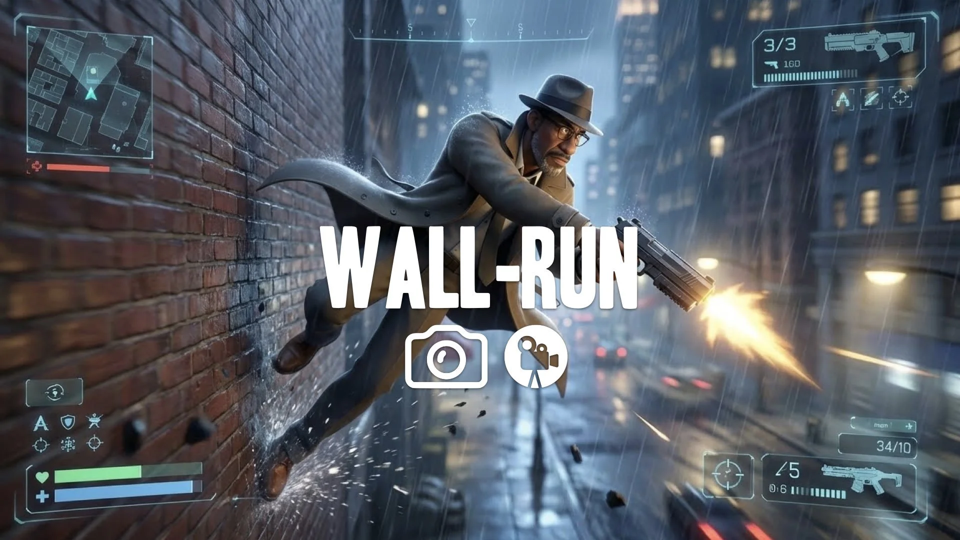 High-velocity wall-run view. Character sprinting vertically along wall, firing sideways mid-stride. Futuristic HUD overlay. Extreme kinetic motion blur. Keep the character - original style. No music