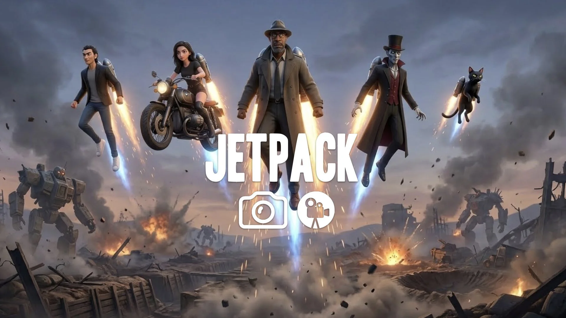 Mid-air gameplay view. Jump-jets blast sparks and exhaust, propelling character upwards. Titan battlefield chaos below. High vertical velocity. Keep the character and the original style. No music.