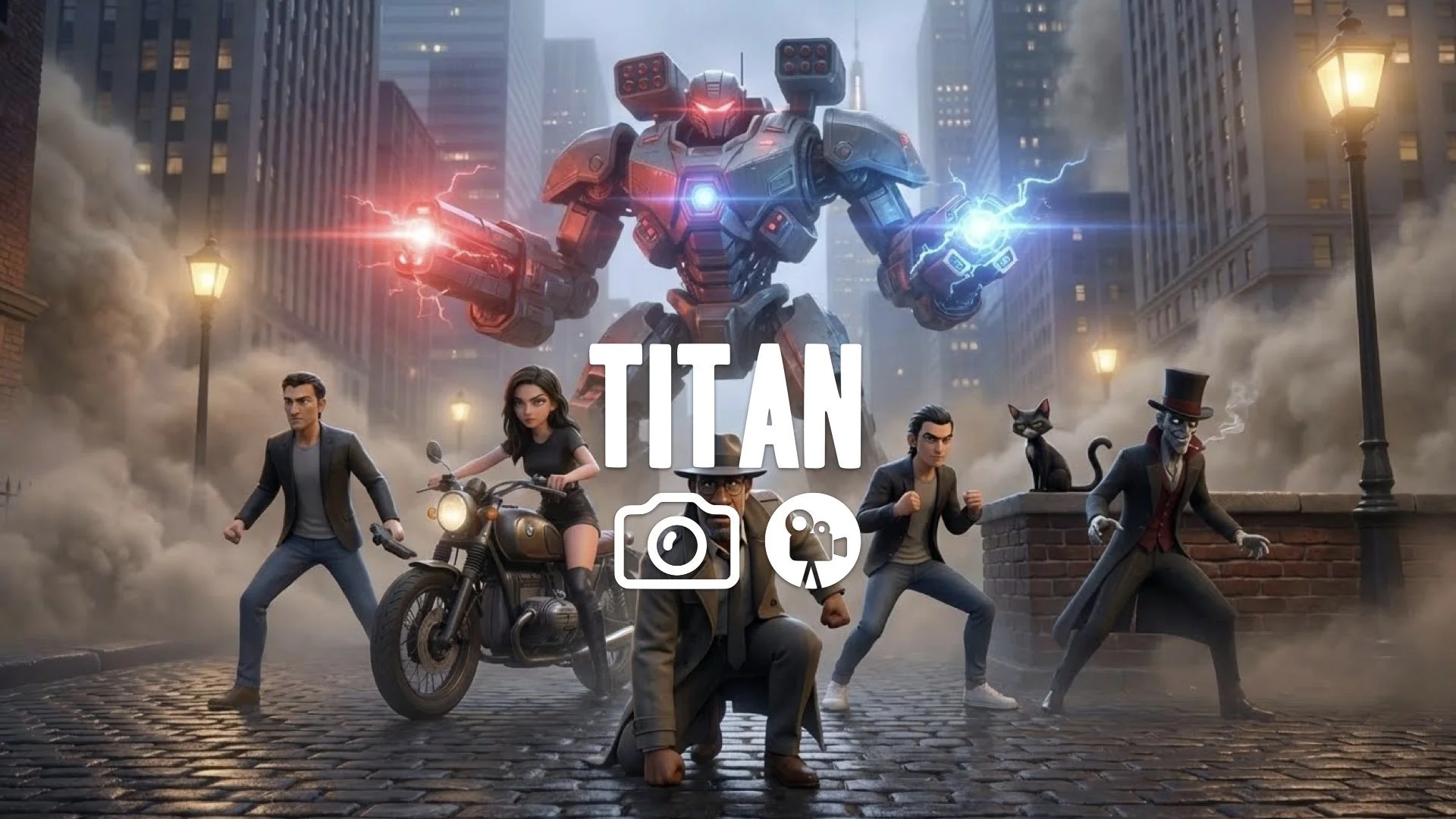 Ground combat stance. Massive Titan looms behind, lights flaring to attack. Dust and intense sci-fi tension fill the air. Keep the character and the original style. No music.