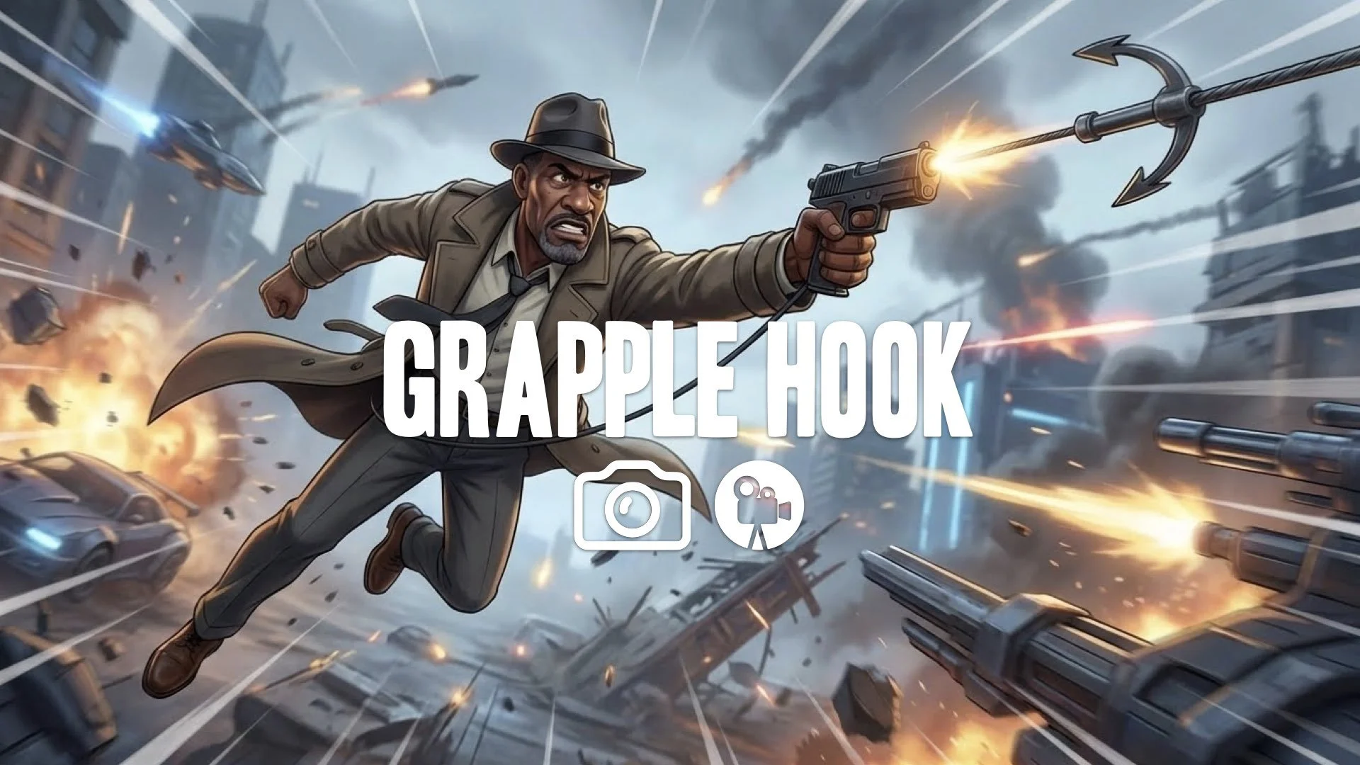 Dynamic grapple hook shot. Character pulled forward at high velocity through futuristic urban battlefield. Stretched motion lines, airborne speed. Keep the character and the original style. No music.