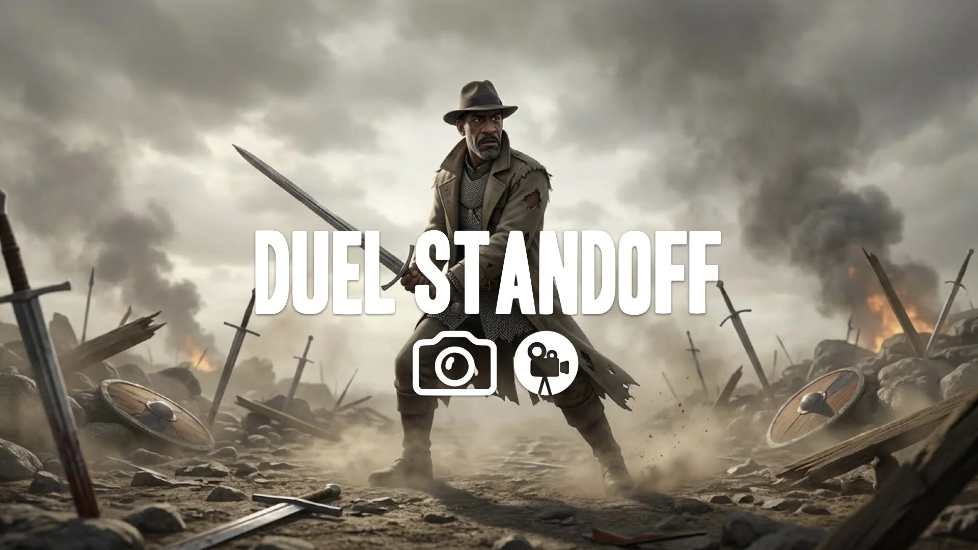 Tense medieval duel stance. Character facing off against unseen opponent. Gritty battlefield arena, dust, broken weapons, heavy atmosphere. Keep the character and the original style. No music.