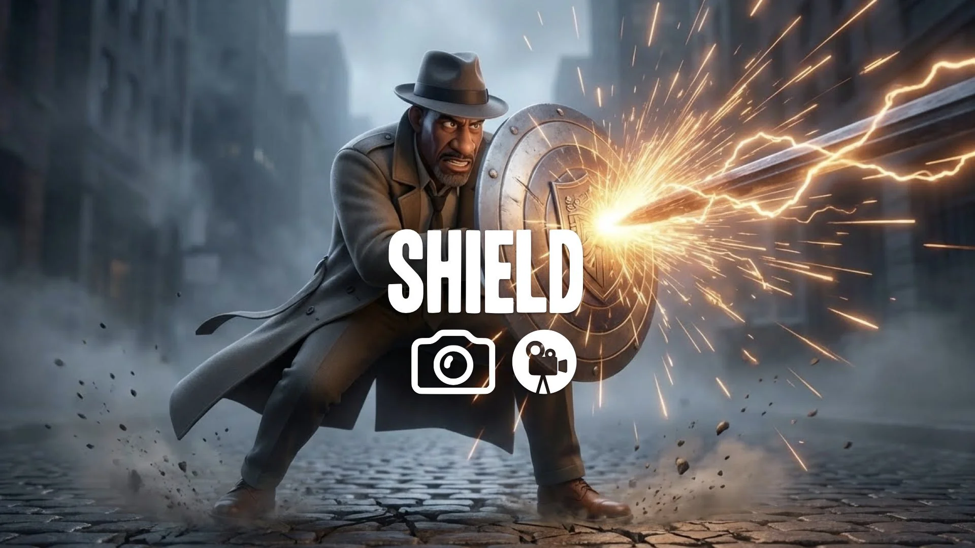 Visceral close-up shield block impact. Blinding sparks and radial shockwave distort air. Camera shakes violently. Debris explodes. Lighting emphasizes strain on arms and battered shield texture. Keep 