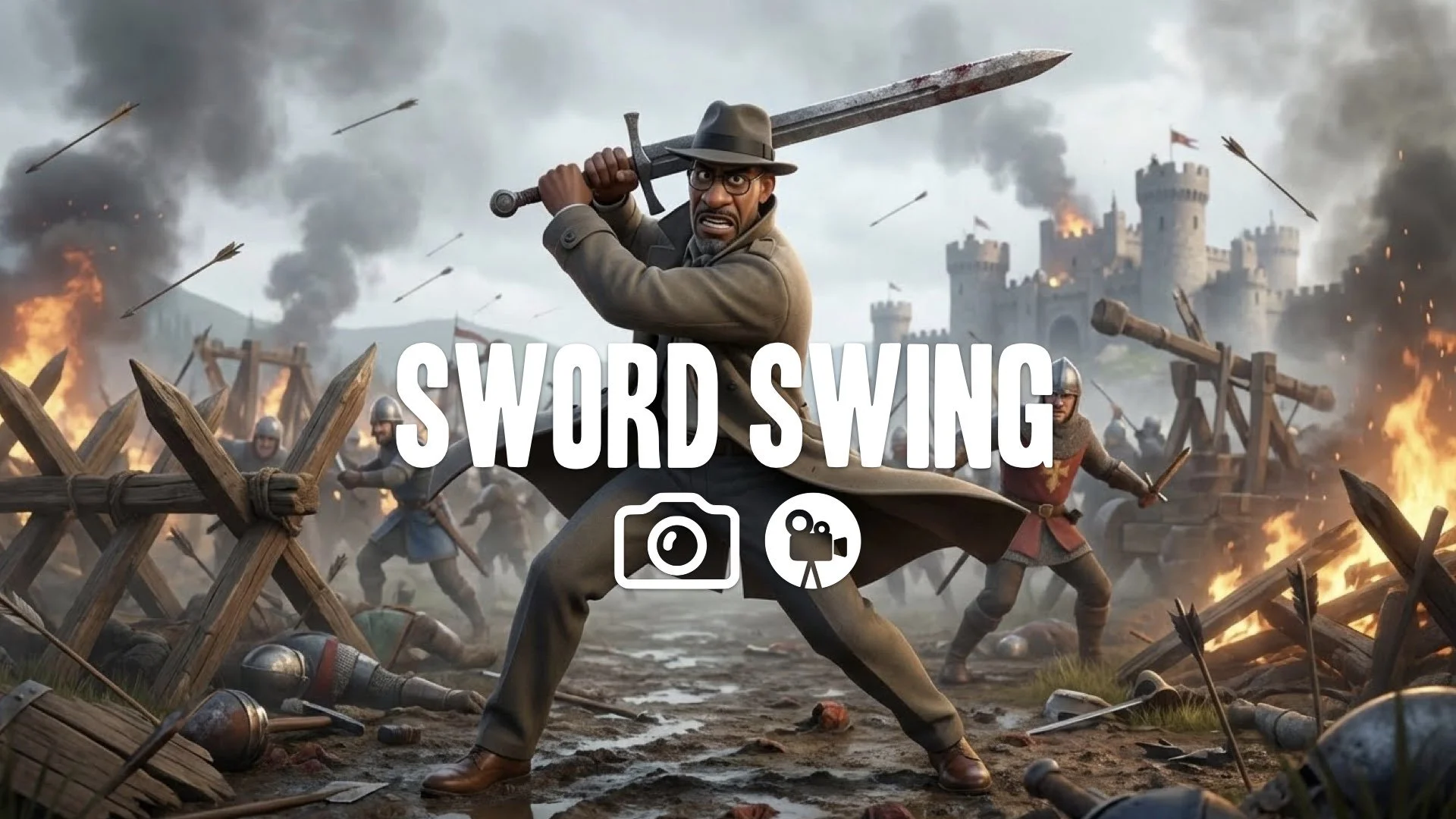 Kinetic mid-swing heavy two-handed sword attack. Full body twist momentum. Chaotic medieval war zone environment. keep the character and the original style. no music.