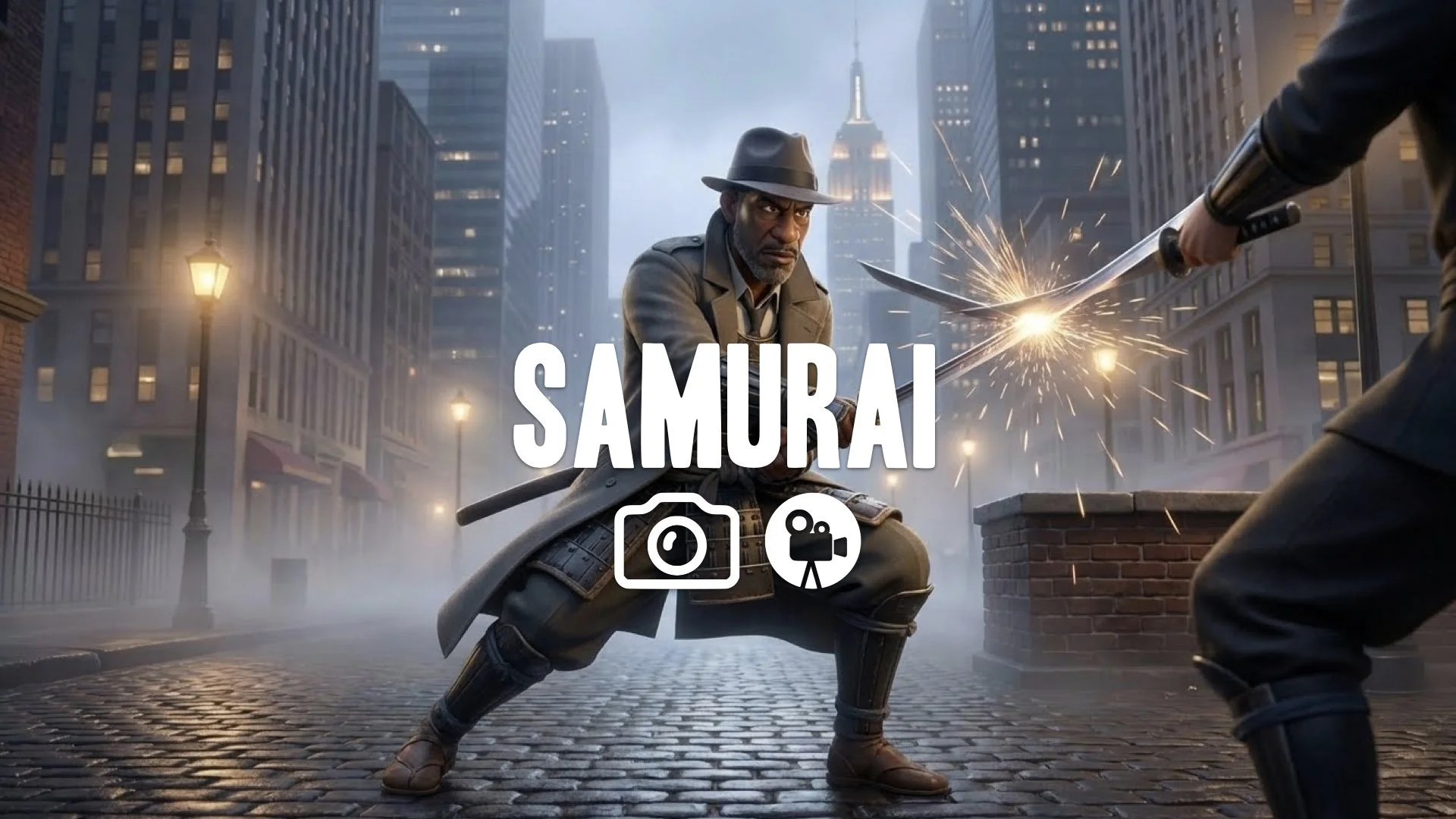 Precise katana parry intercepting off-frame blow. Sudden spray of sparks and metal clash. Intense focus. Traditional armor hints visible. High tension. Keep the character and original style. No music