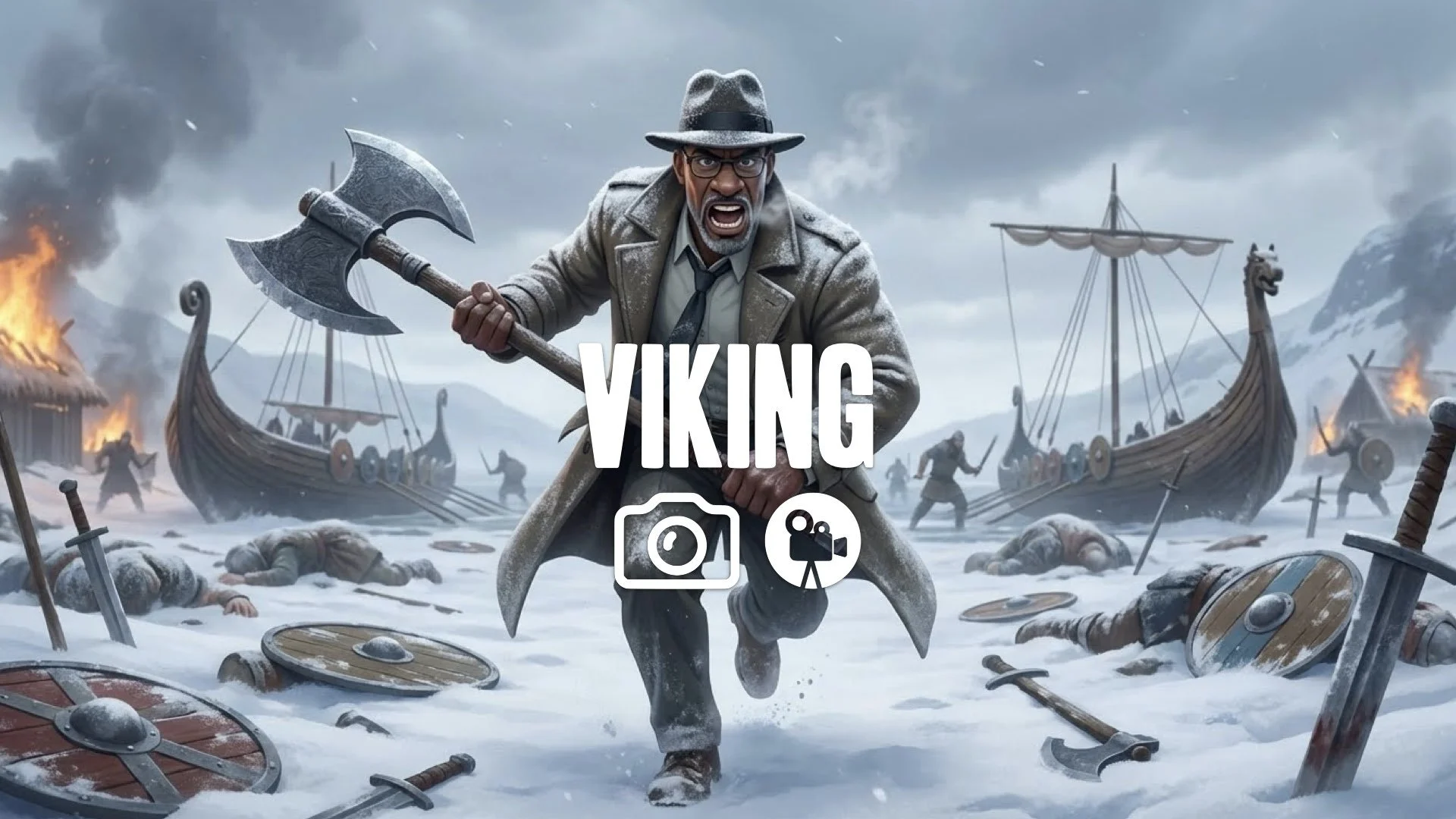 Visceral charge with heavy axe. Muscles tensed, roaring battle cry. Raw kinetic power. Snow-dusted Viking battlefield background. Keep the character and the original style. No music.