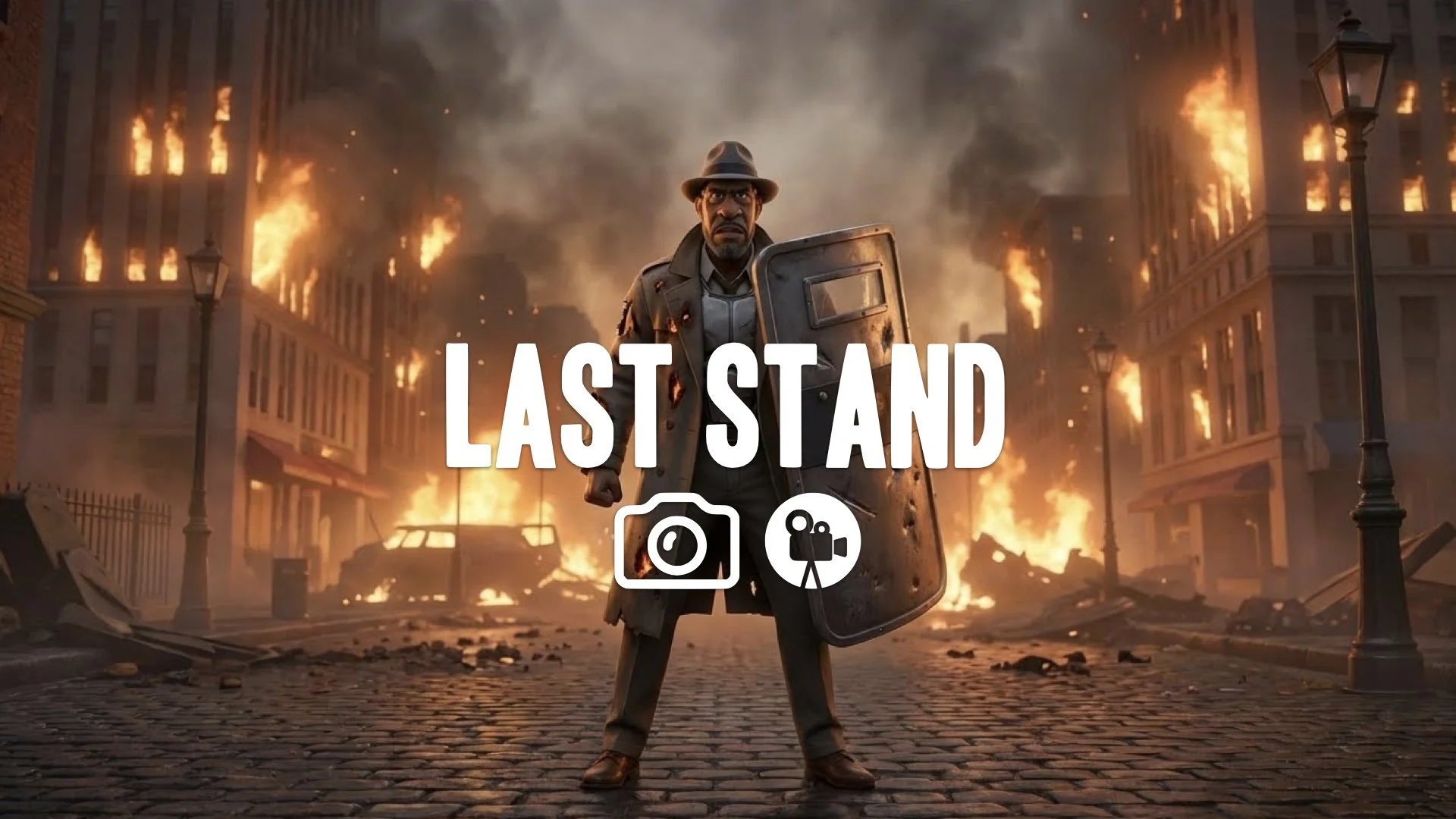 Defensive last stand. Shield raised against unseen horde. Damaged armor. Burning ruins and heavy smoke background. Gritty determination. Keep the character and the original style. No music.