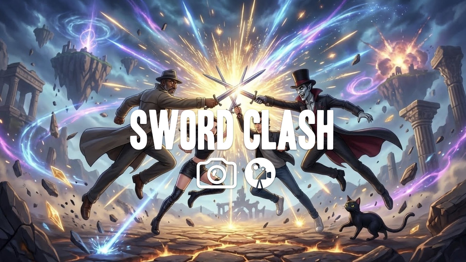 Dynamic mid-air sword clash. Explosion of sparks and light streaks against off-frame foe. Final Fantasy battlefield, floating debris, energy trails. Keep the character and the original style. No music