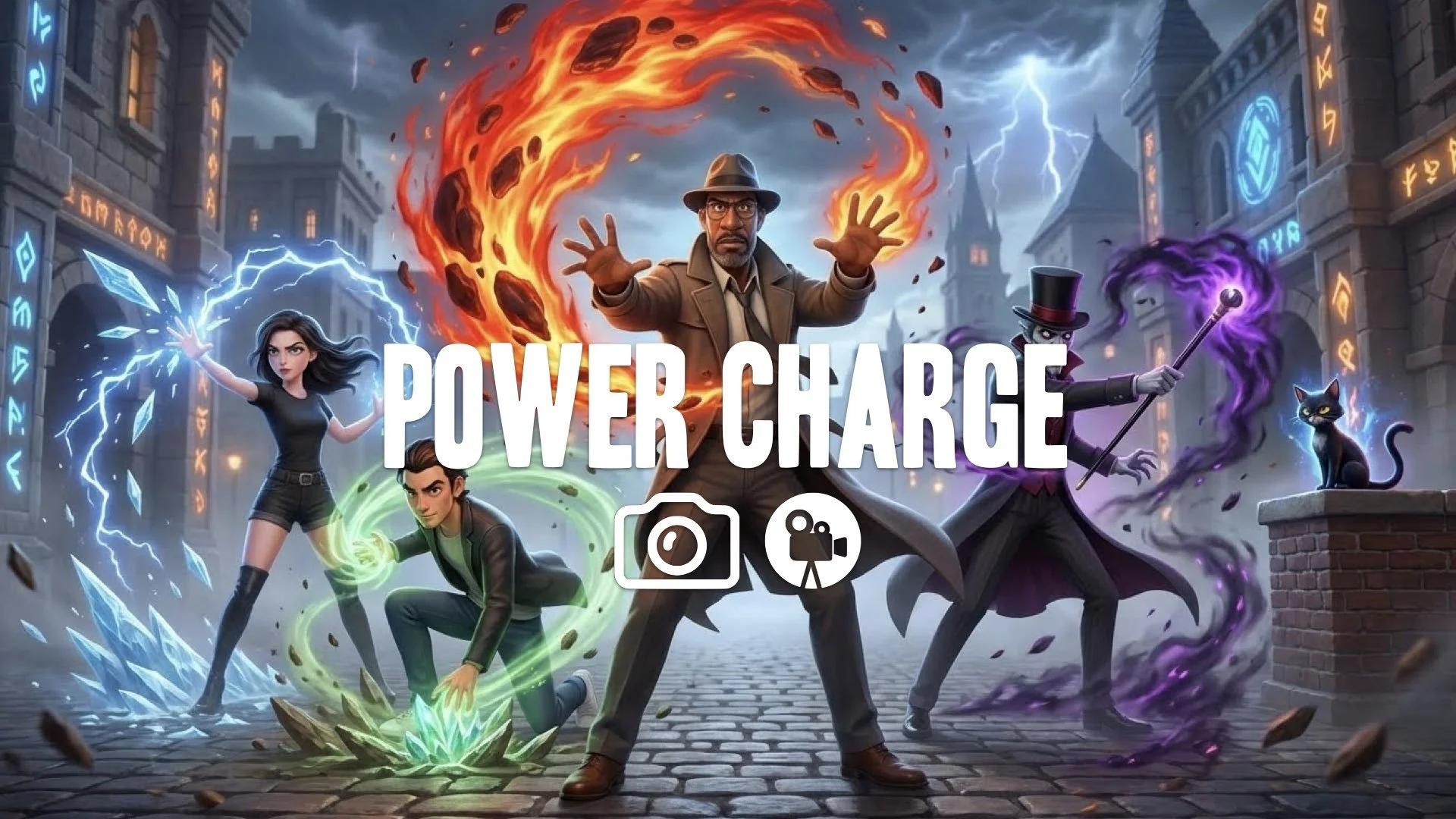 Channeling intense magical energy through hands. Swirling fire, lightning, and crystal particles. Epic fantasy environment, rising wind, glowing runes. Keep the character and original style. No music