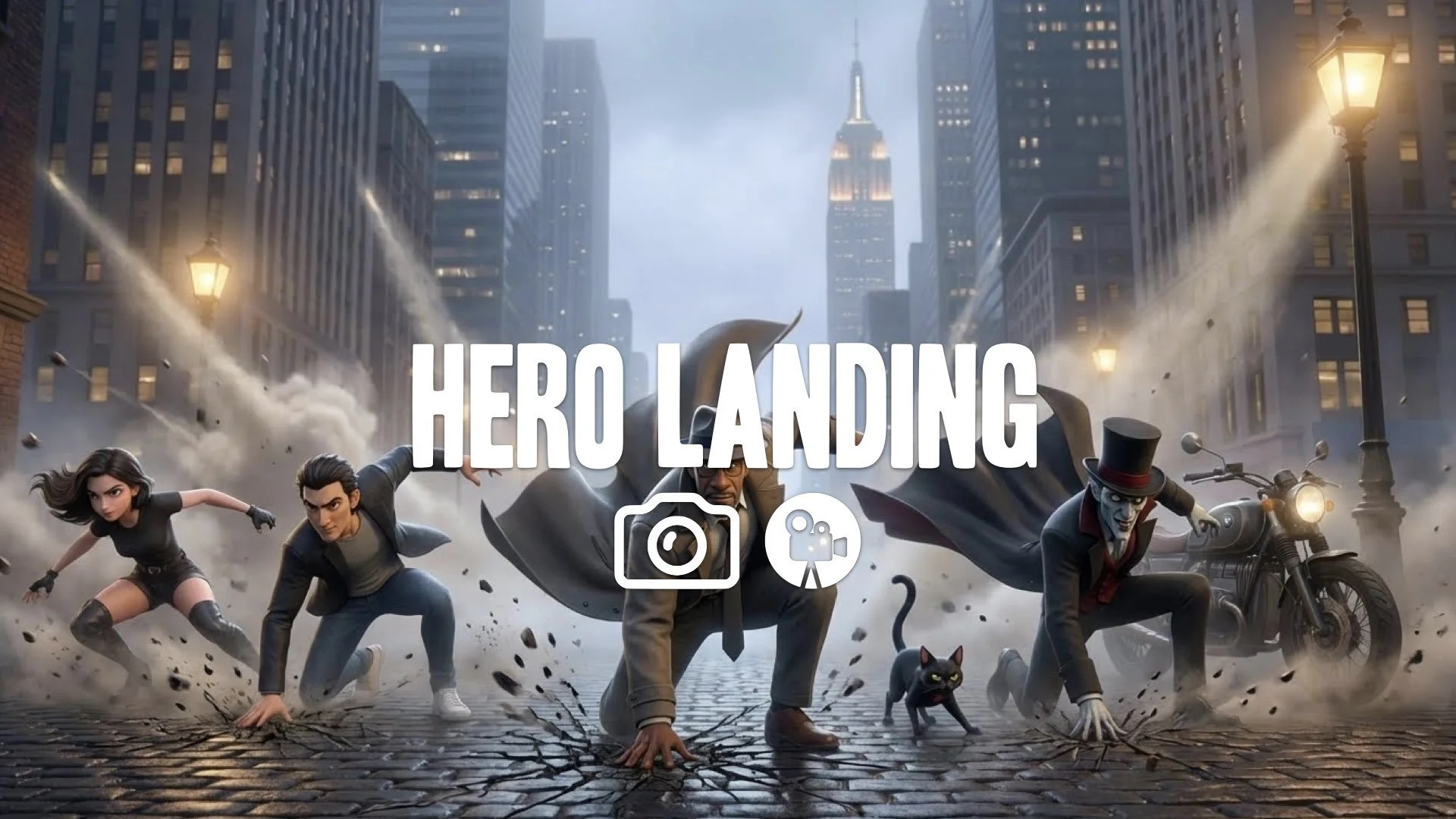 High-impact three-point landing. Ground cracks and explodes with dust. Clothing billows upward from force. Dramatic cinematic lighting beams. Keep the character and the original style. No music.