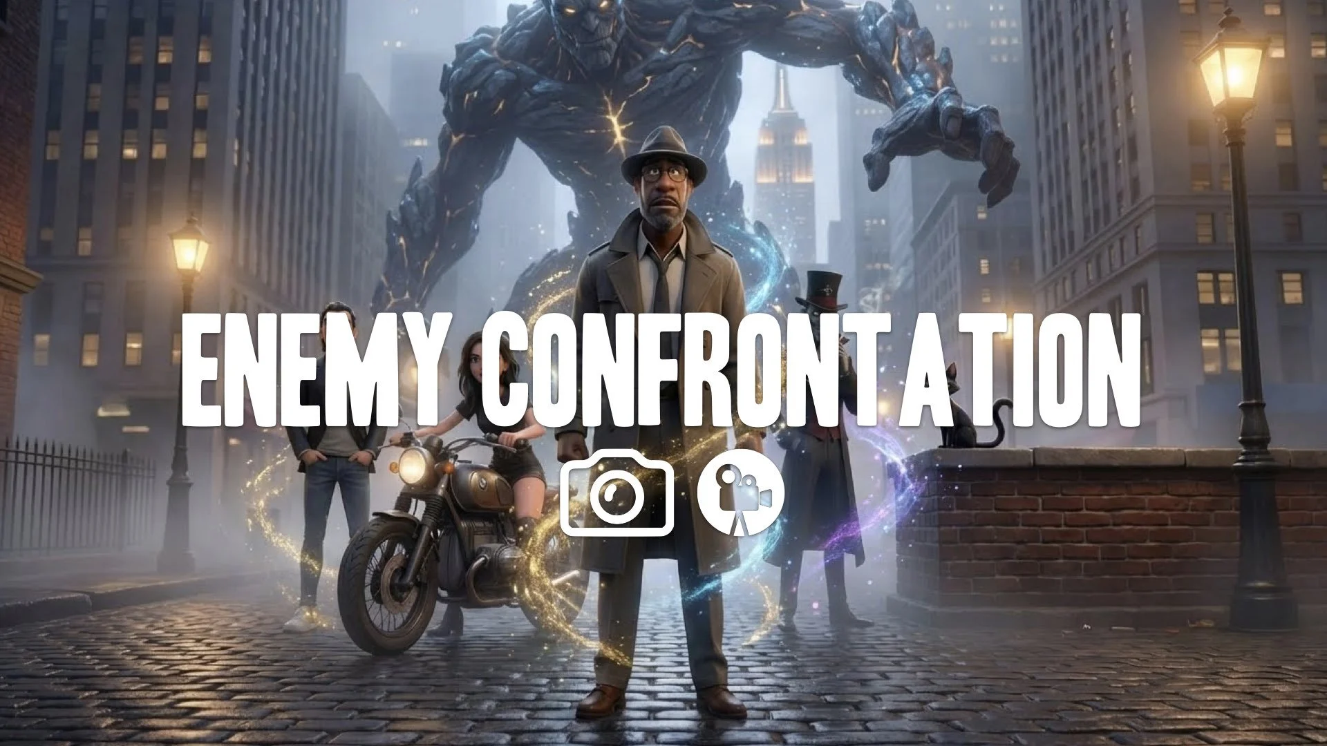 Wide angle facing immense Titan creature towering overhead. Heroic, determined posture against overwhelming scale. Swirling magical energy. Keep the character and the original style. No music.