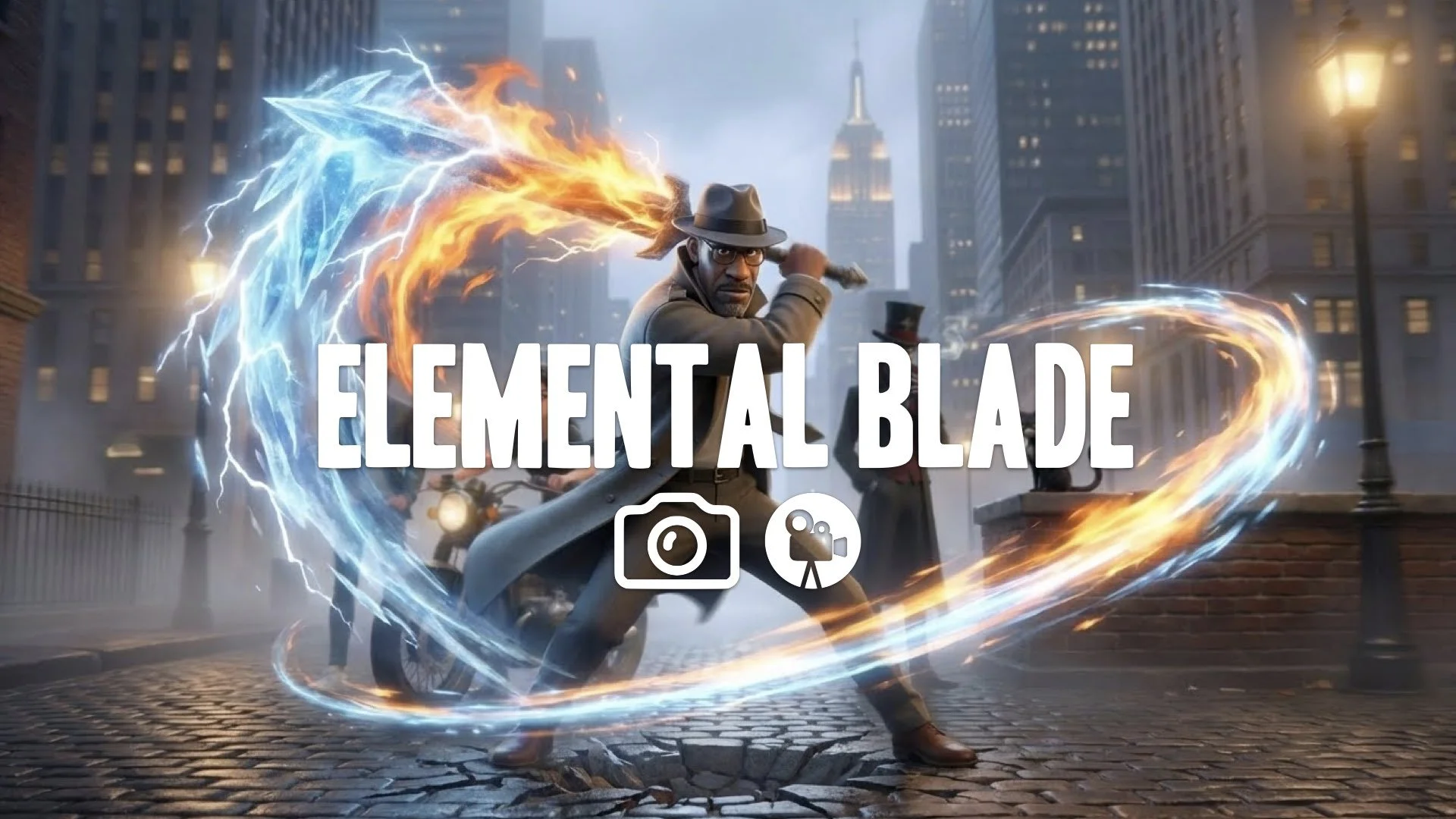 Mid-swing attack with weapon engulfed in fire and lightning magic. A long glowing energy trail streaks behind the blade. Intense cinematic motion blur. Cracked earth beneath feet. Keep character/style