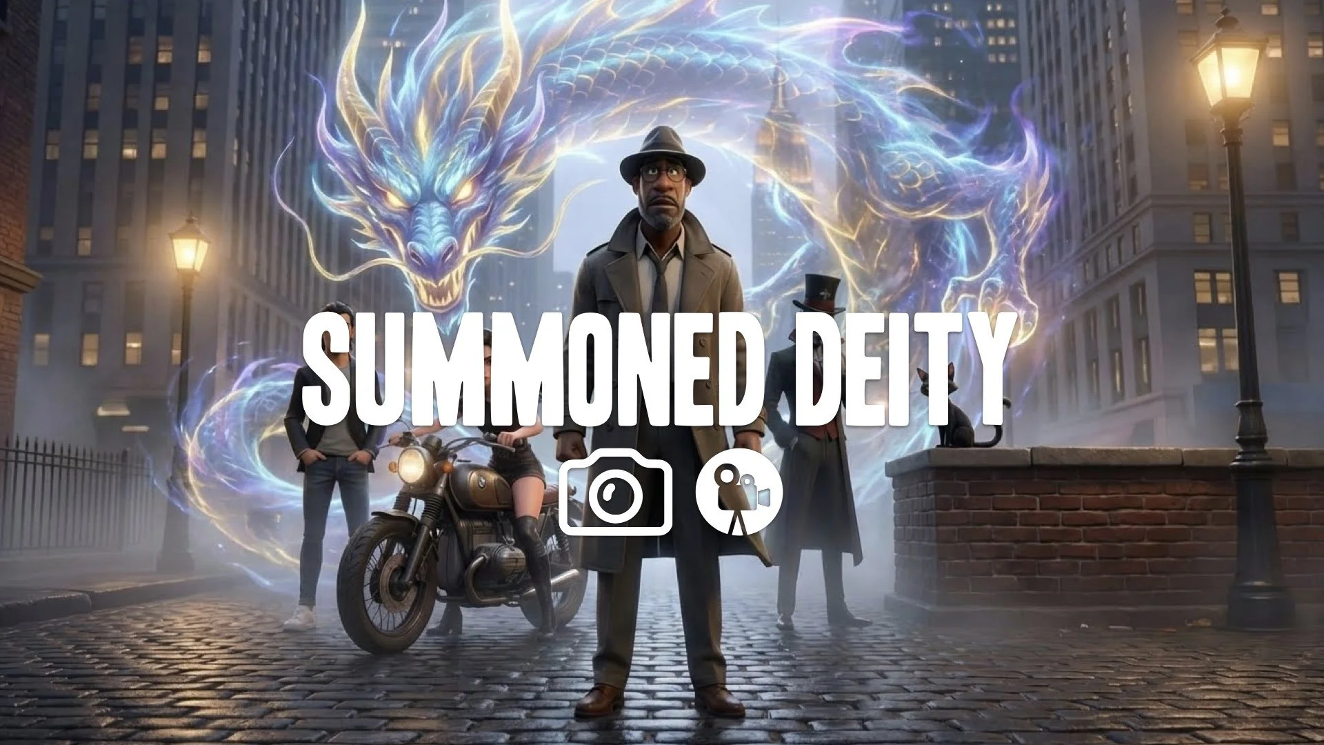 Heroic stance as immense, stylized spectral summon manifests behind in shimmering energy. Dramatic fantasy lighting and rising wind. Keep the character and original style. No music.