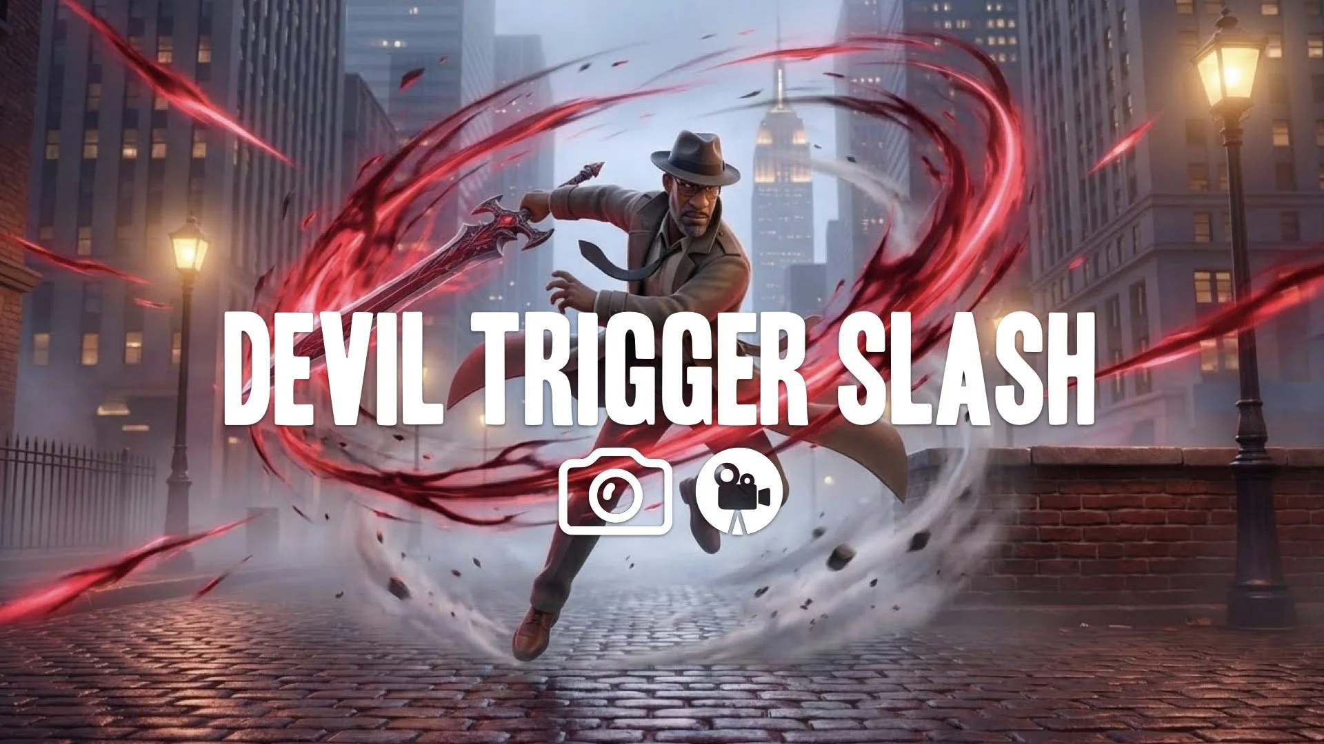 Mid-air stylish spinning slash. Swirling crimson demonic energy on weapon. Supernatural light streaks and wind effects. Intense motion. Keep the character and the original style. No music.