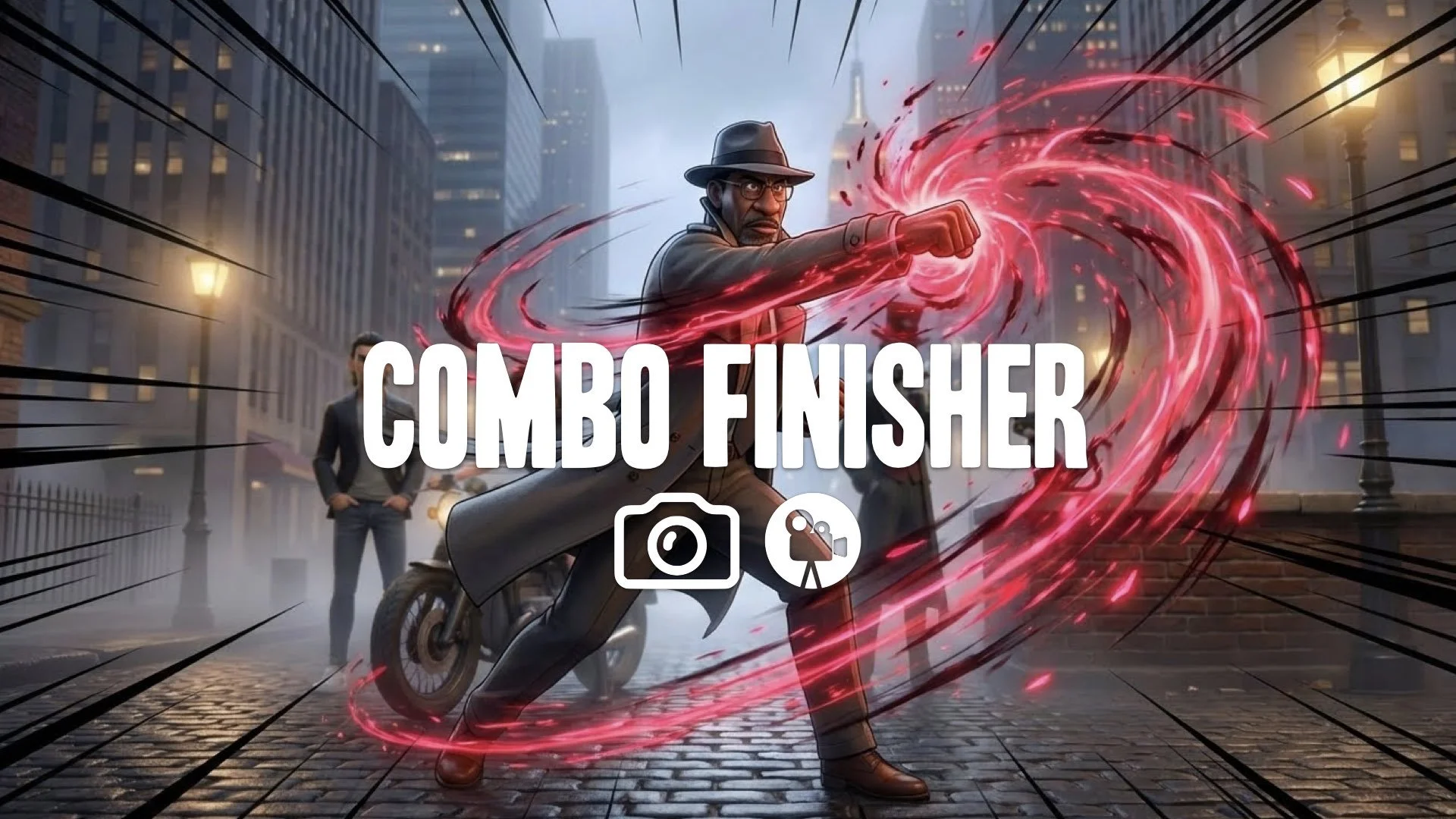 Mid-combo finishing pose. Arm extended dramatically. Neon-red demonic particles spiral outward. Exaggerated motion lines and high-energy blur. Keep the character and original style. No music.