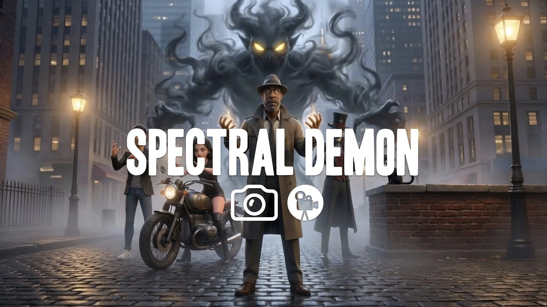 Summoning ghostly demon ally behind. Shadowy, massive, glowing eyes. Swirling smoke and supernatural energy. High atmospheric tension. Keep the character and the original style. No music.