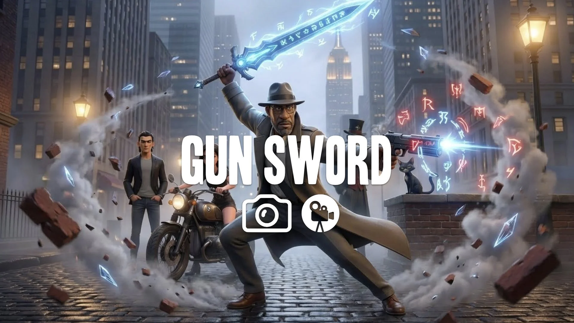 Dynamic dual-wield action pose. Sword raised, gun pointed opposite. Stylish floating debris and glowing symbols surrounding. High kinetic energy. Keep the character and original style. No music.