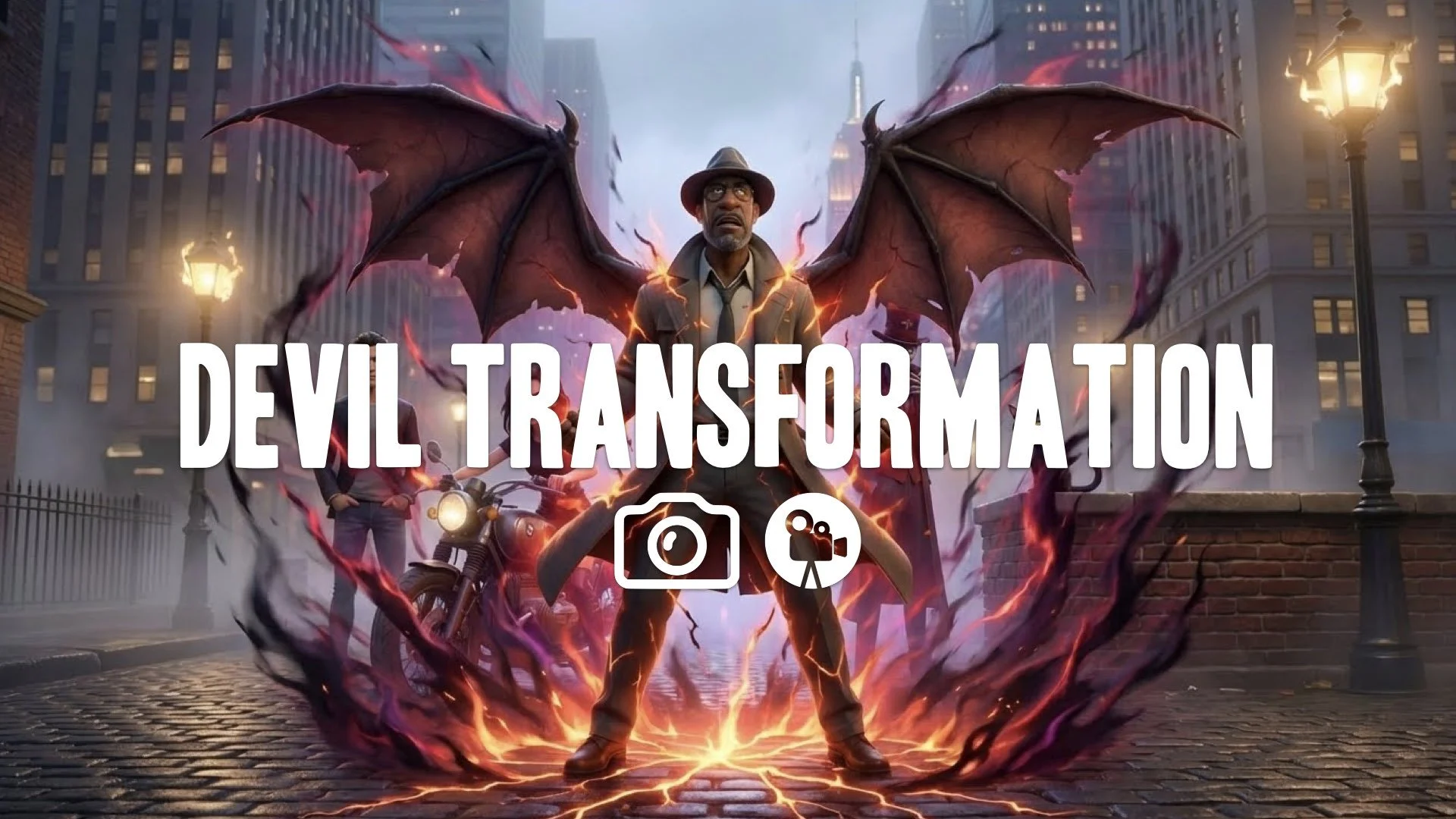 Mid-transformation burst. Dark wings sprout, glowing cracks of light and demonic aura radiate outward. Environment warps from power surge. Keep the character and the original style. No music.