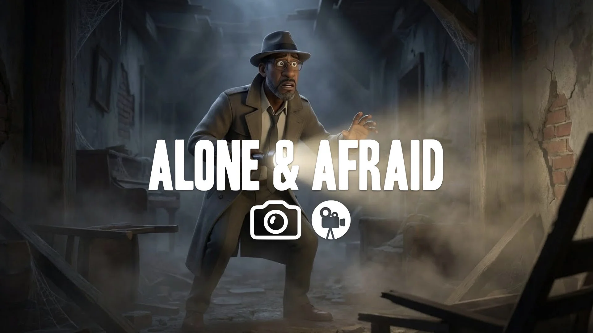 Tense exploration in dark, ruined interior. Flashlight beam cuts through dense dust. Body language shows fear and intense awareness. Keep the character and original style. No music.