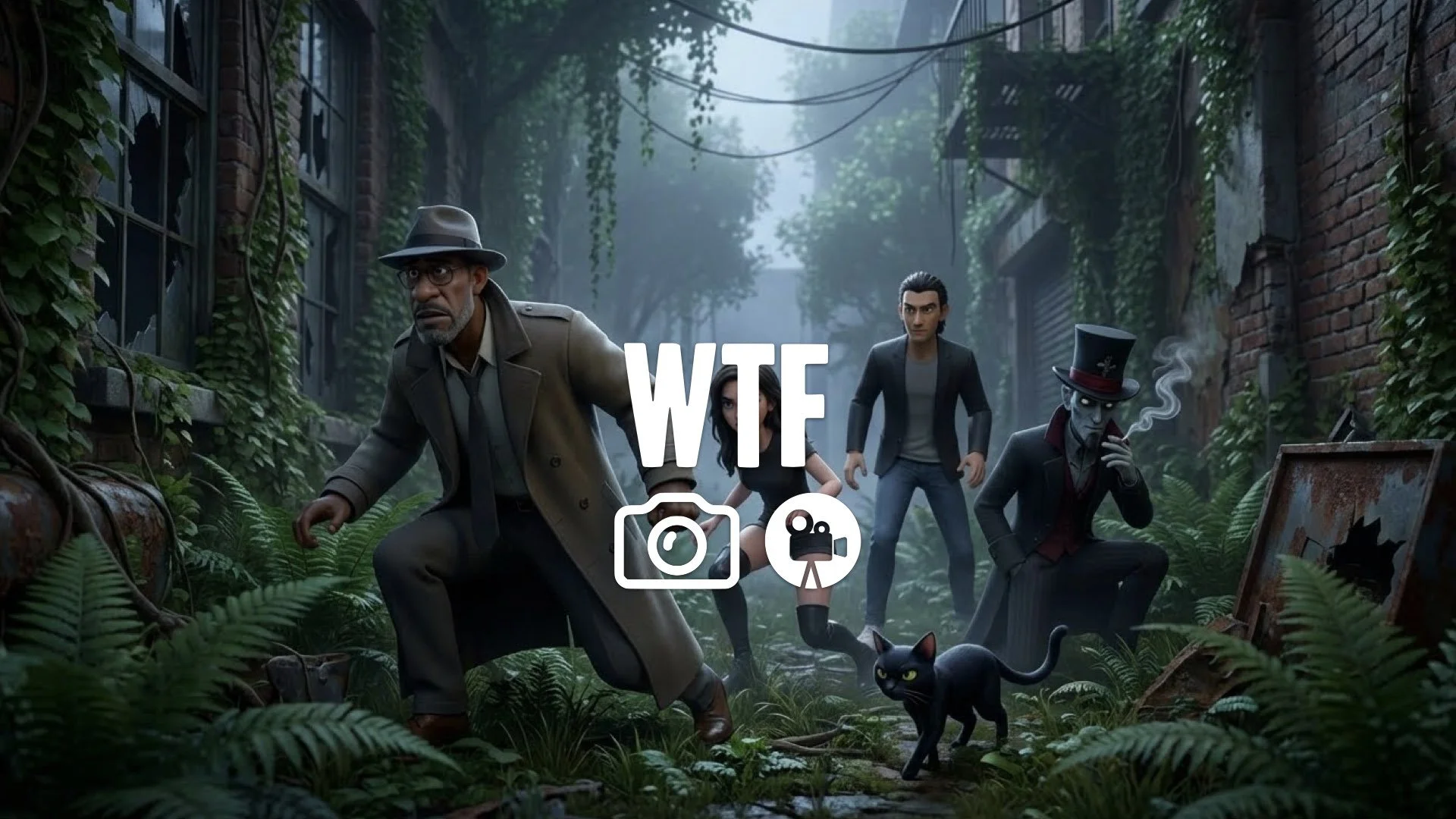 Crouching low, sneaking through thick vegetation in abandoned urban ruins. Broken windows, high tension, quiet survival energy. Keep the character and original style. No music.