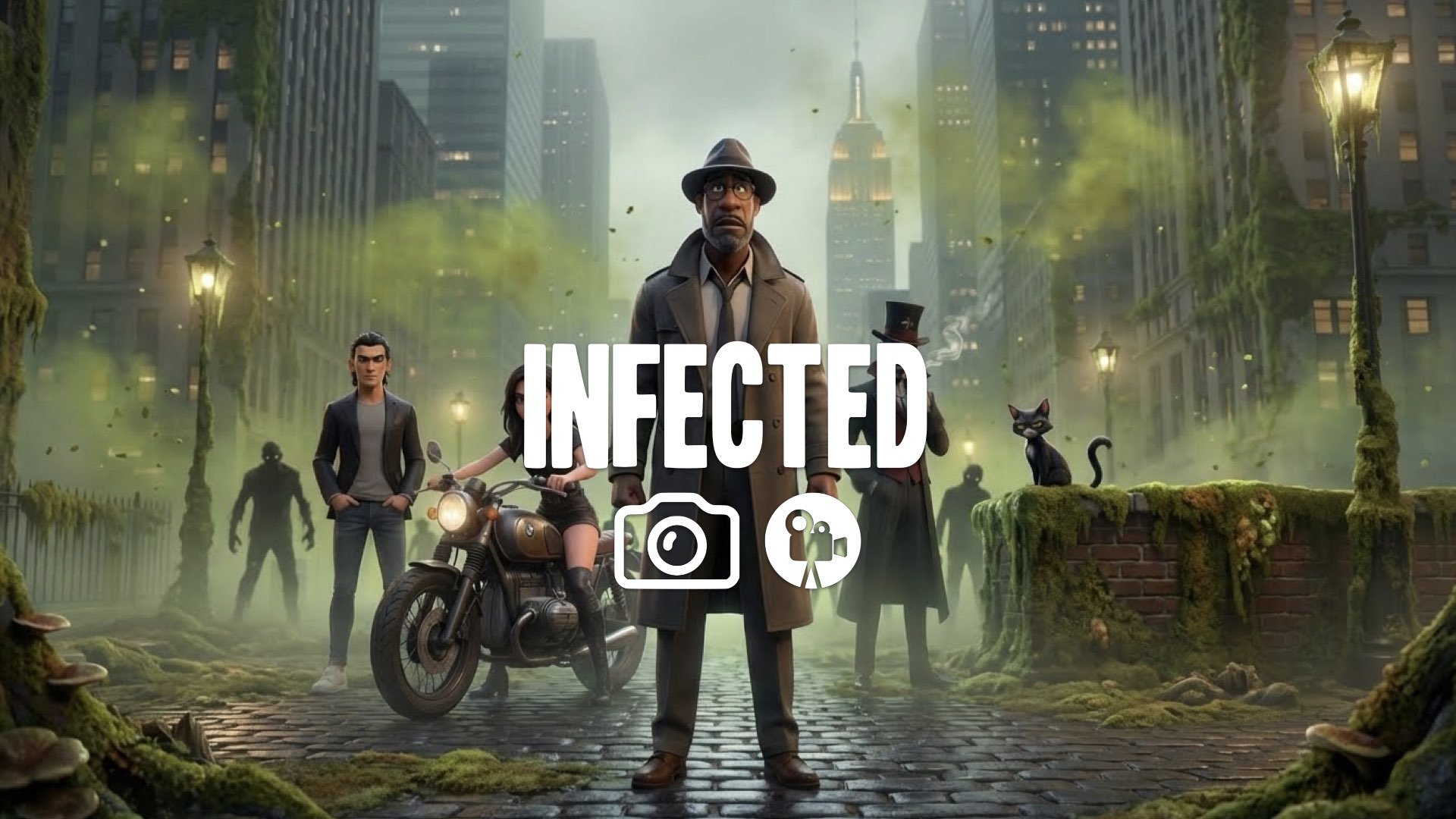 Tense survival moment. Blurred infected silhouettes lurk in background decay. Air thick with visible spores. High anxiety atmosphere. Keep the character and original style. No music.