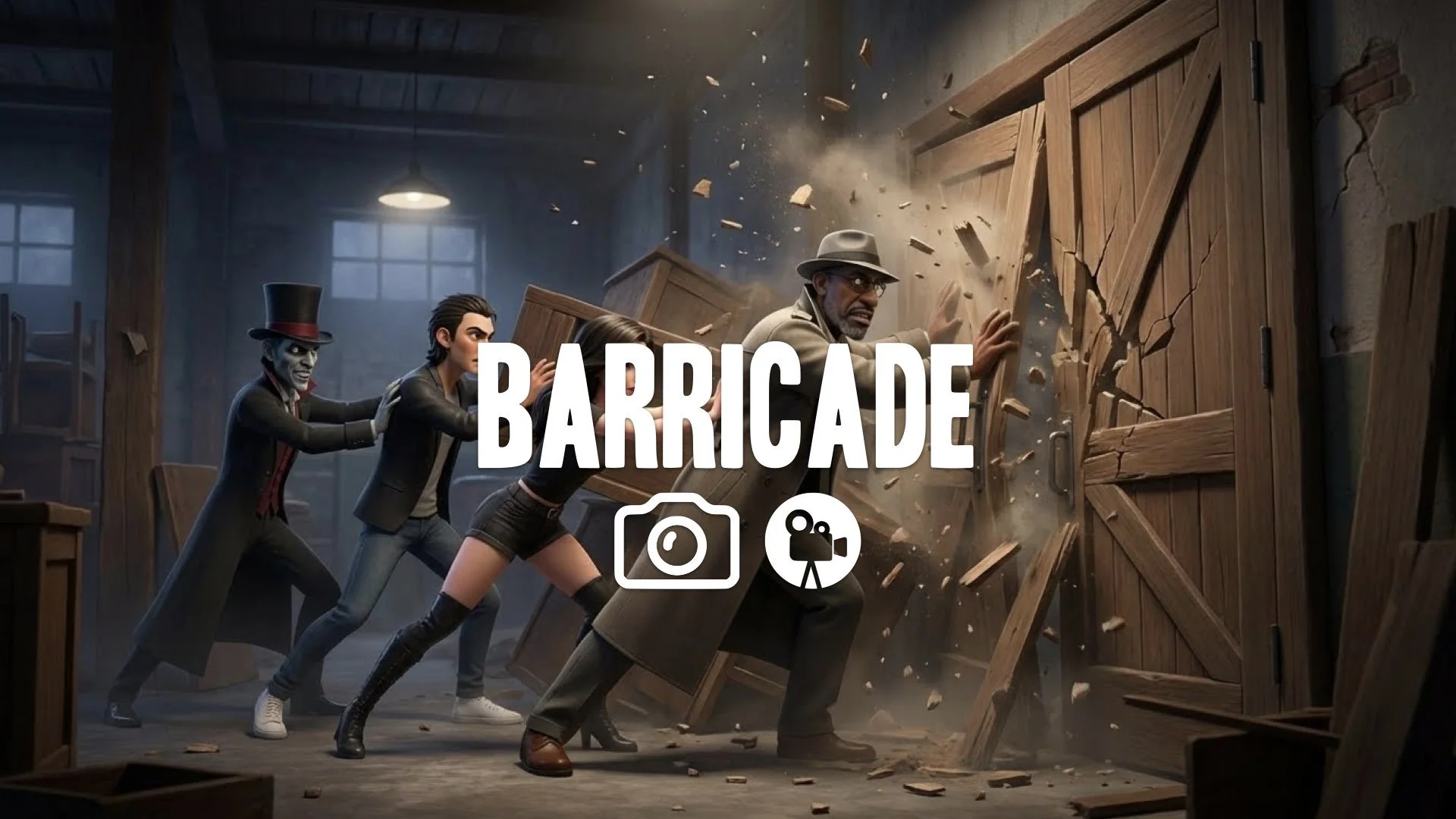 Tense struggle against a buckling door barricade. Violent impacts from unseen force on other side. Wood splinters crack, debris shakes loose. Keep the character and original style. No music.