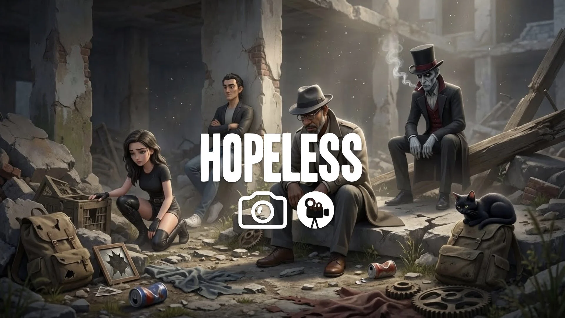 Kneeling in quiet reflection among abandoned ruins. Gentle dust motes, scattered broken belongings. Heavy post-apocalyptic mood. Keep the character and the original style. No music.