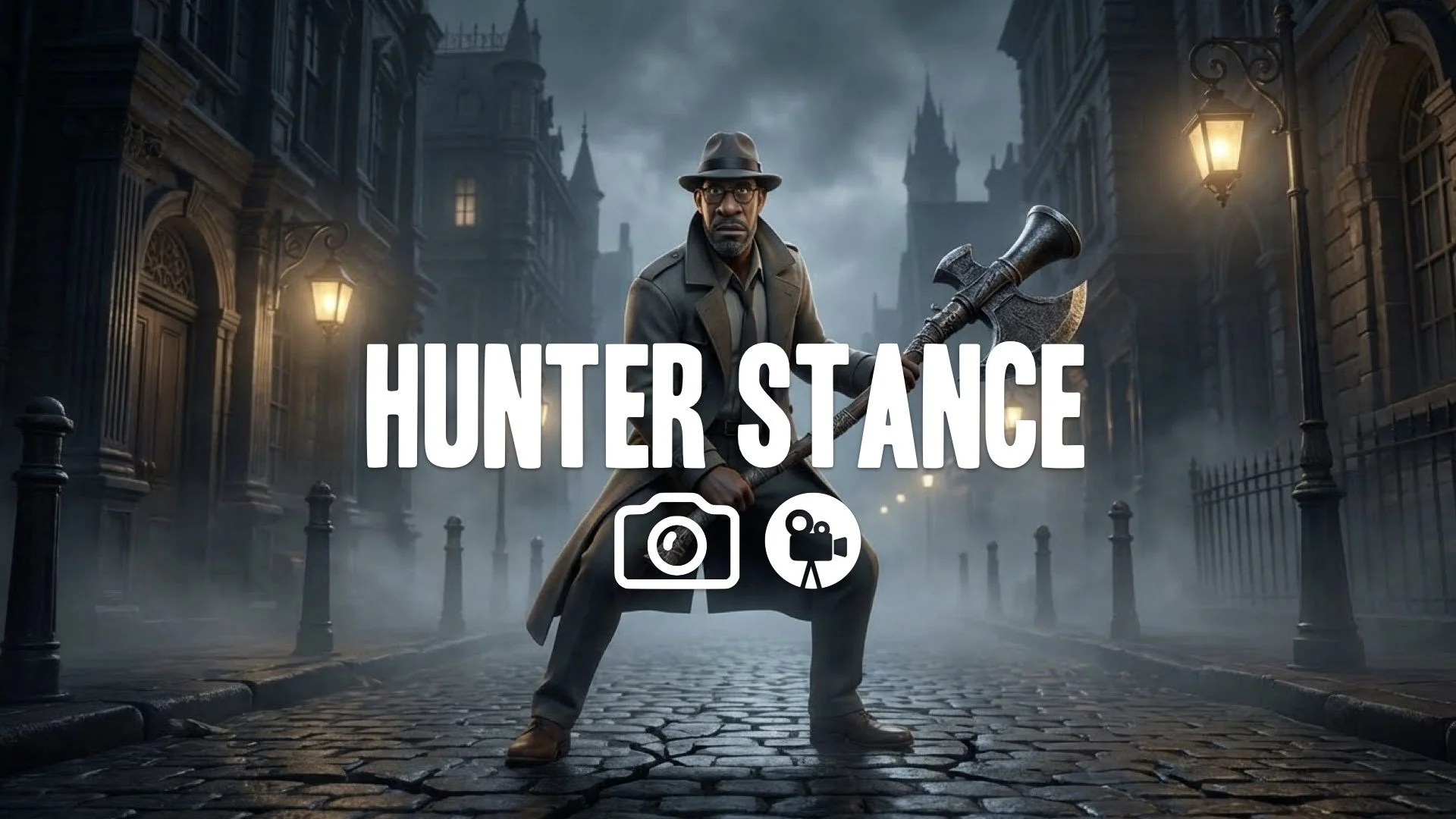 Bloodborne hunter stance. Gripping transformed trick weapon, body low. Thick Victorian fog, gas lantern lighting, wet cobblestone streets. Keep the character and original style. No music.