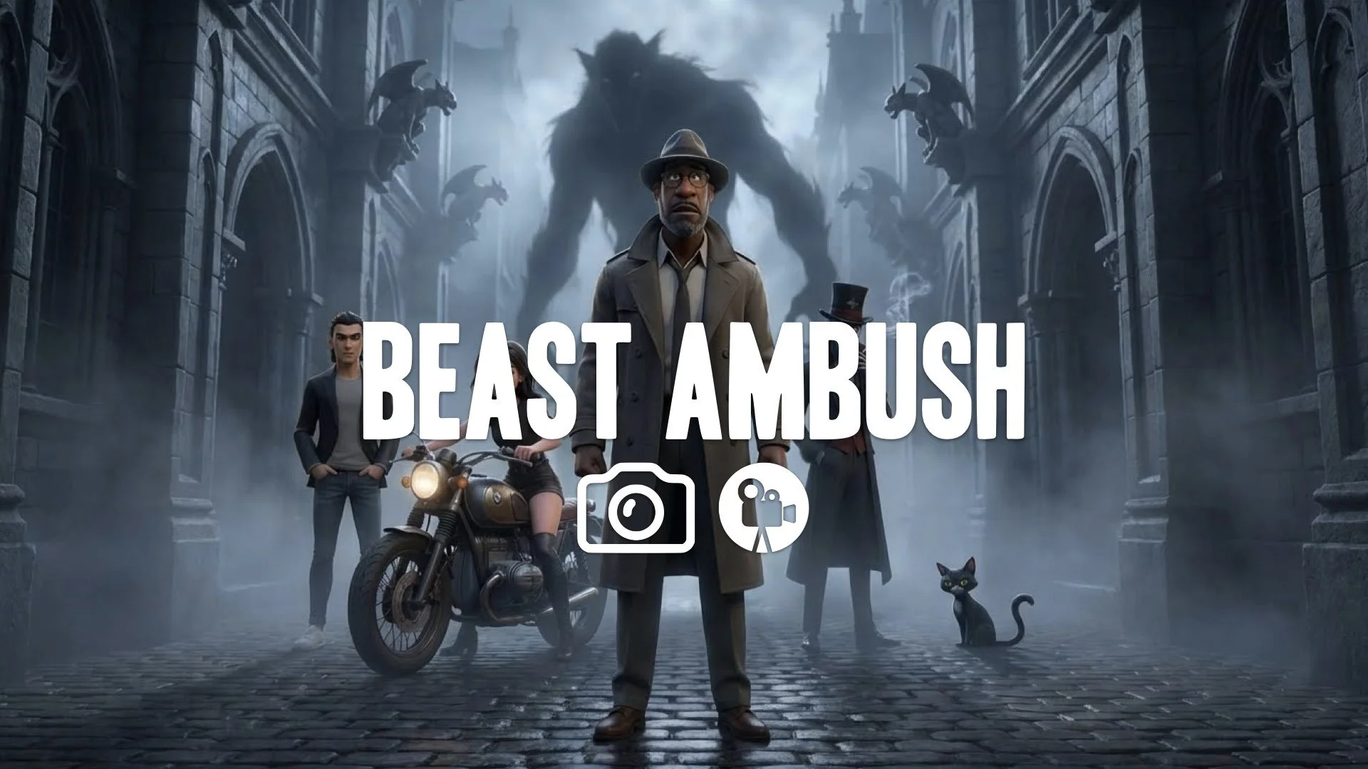 Tense gothic alley. Massive distorted beast silhouette emerges from thick fog in shadows. Eerie moonlight casts long shapes. Keep the character and original style. No music.