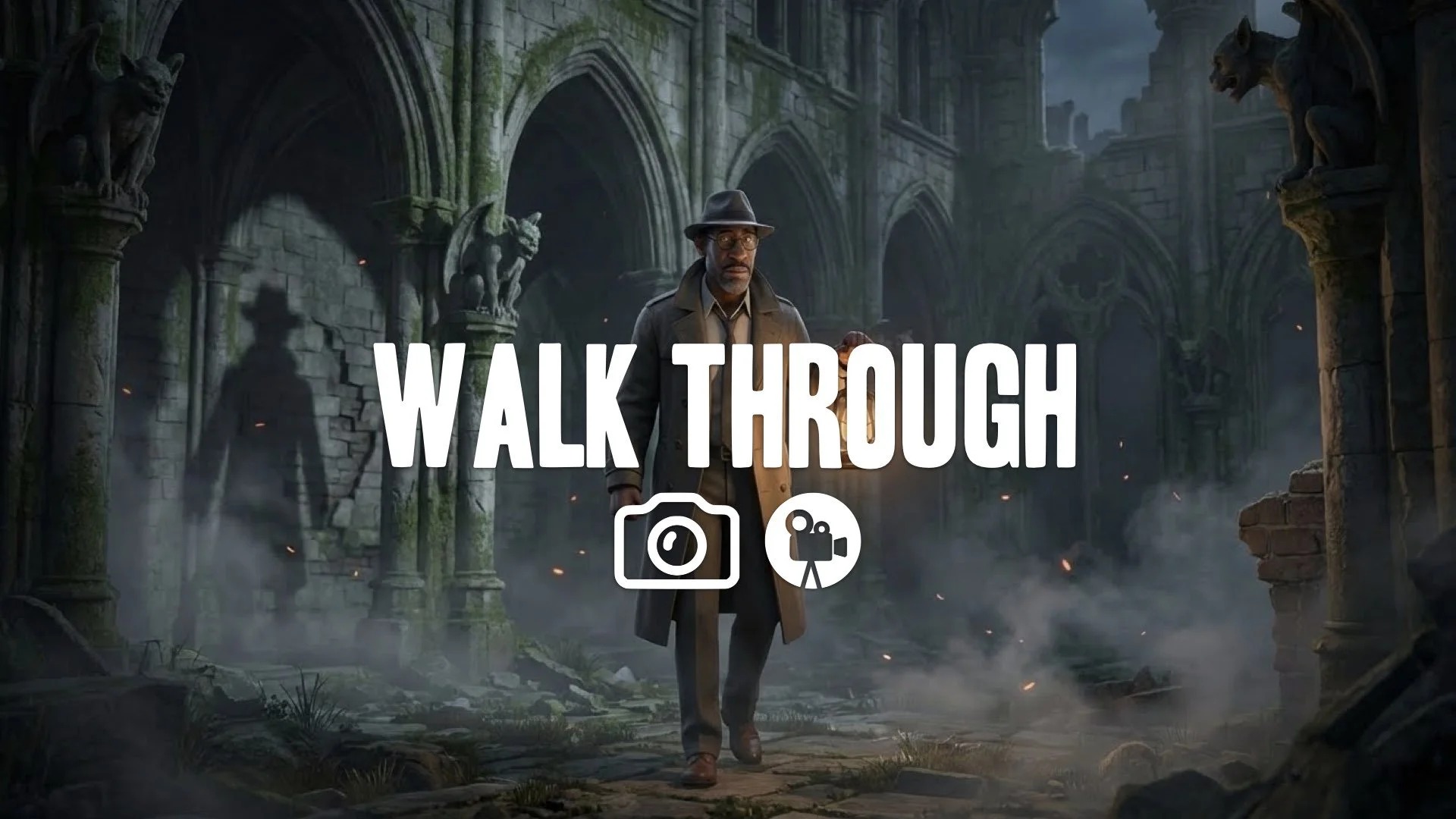 Walking cautiously through abandoned gothic architecture. Handheld lantern casts long, flickering shadows. Smoke, faint embers, unsettling stillness. Keep the character and original style. No music.