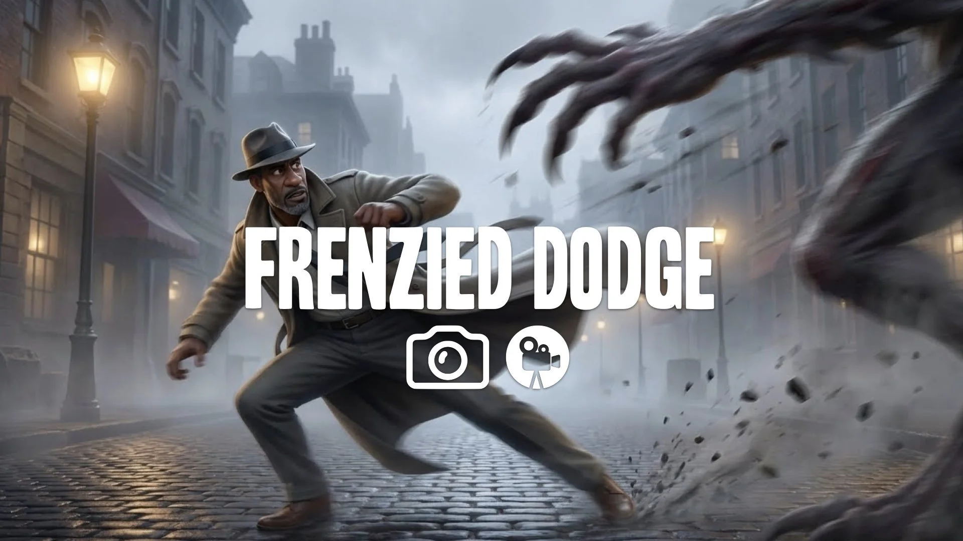 Visceral evasive dodge. Coat billows dramatically as monstrous claw swipes from off-frame. High motion blur. Gritty Victorian setting. Keep the character and the original style. No music.