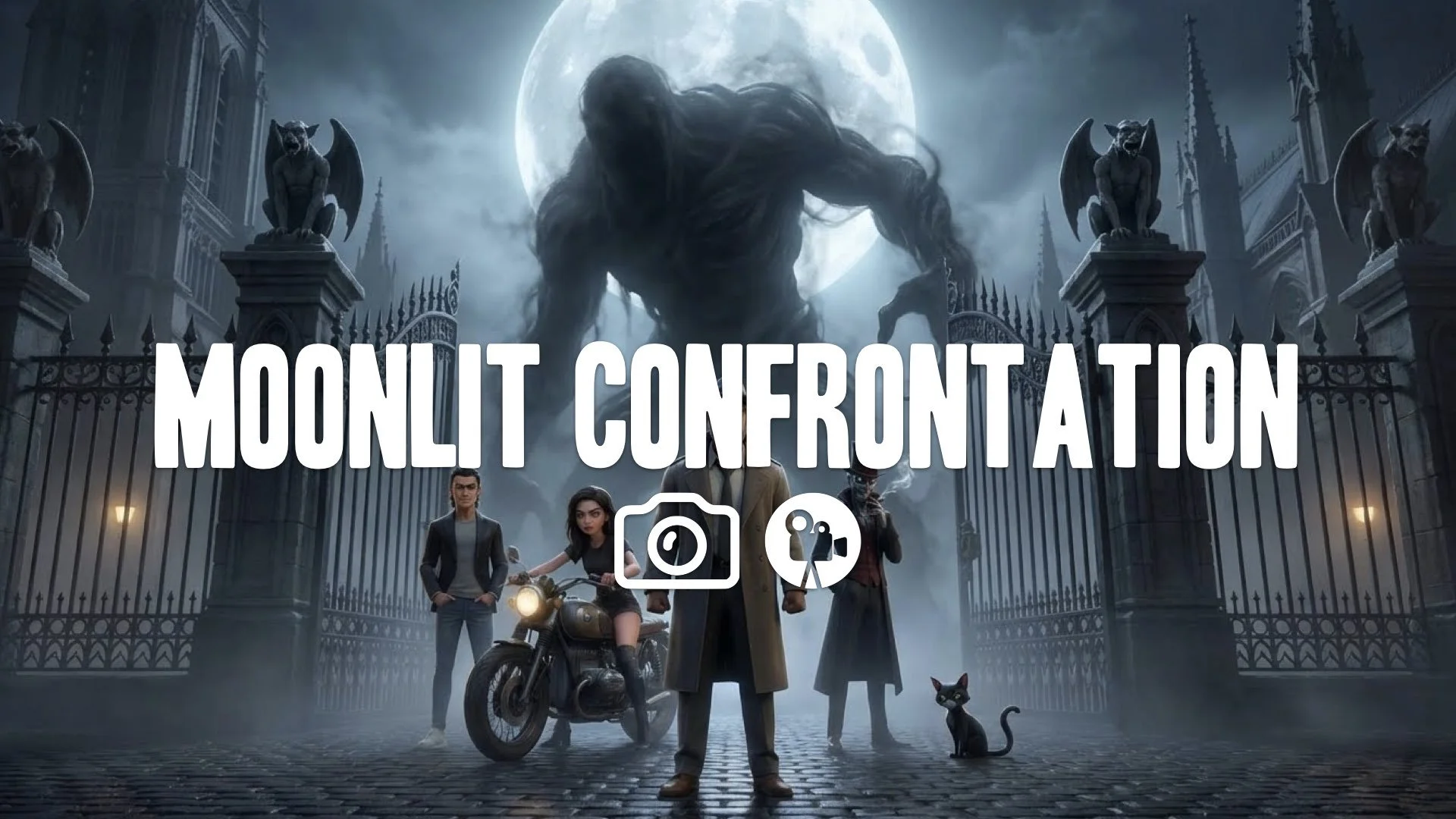 Standing before towering cathedral gate under massive full moon. Facing colossal, shadow-obscured creature in fog. Gothic grandeur and high tension. Keep the character and original style. No music.