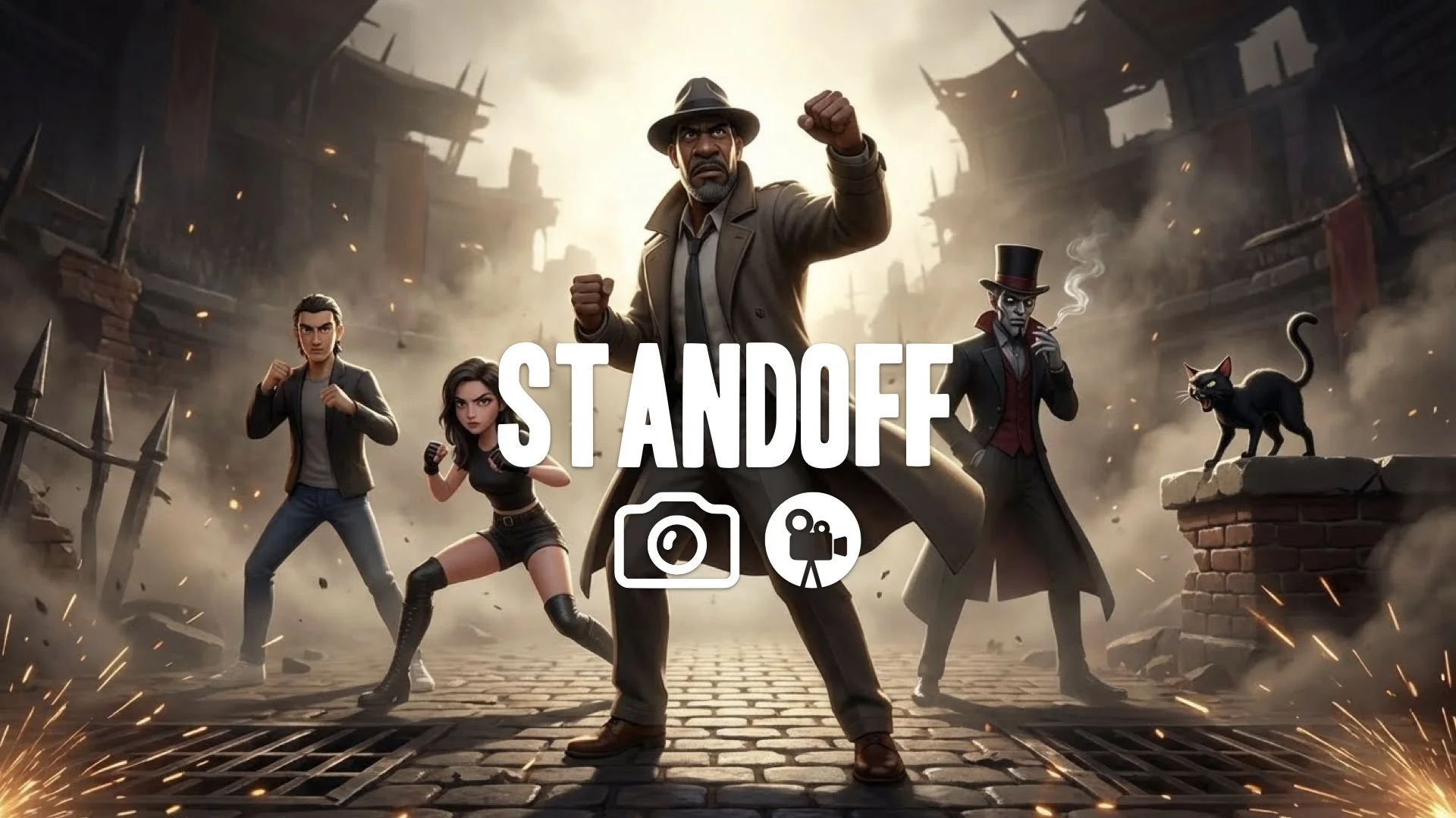 Visceral standoff pose prep for finisher. Harsh backlighting silhouetting character. Sparks and gritty arena atmosphere. High stakes tension. Keep the character and original style. No music.