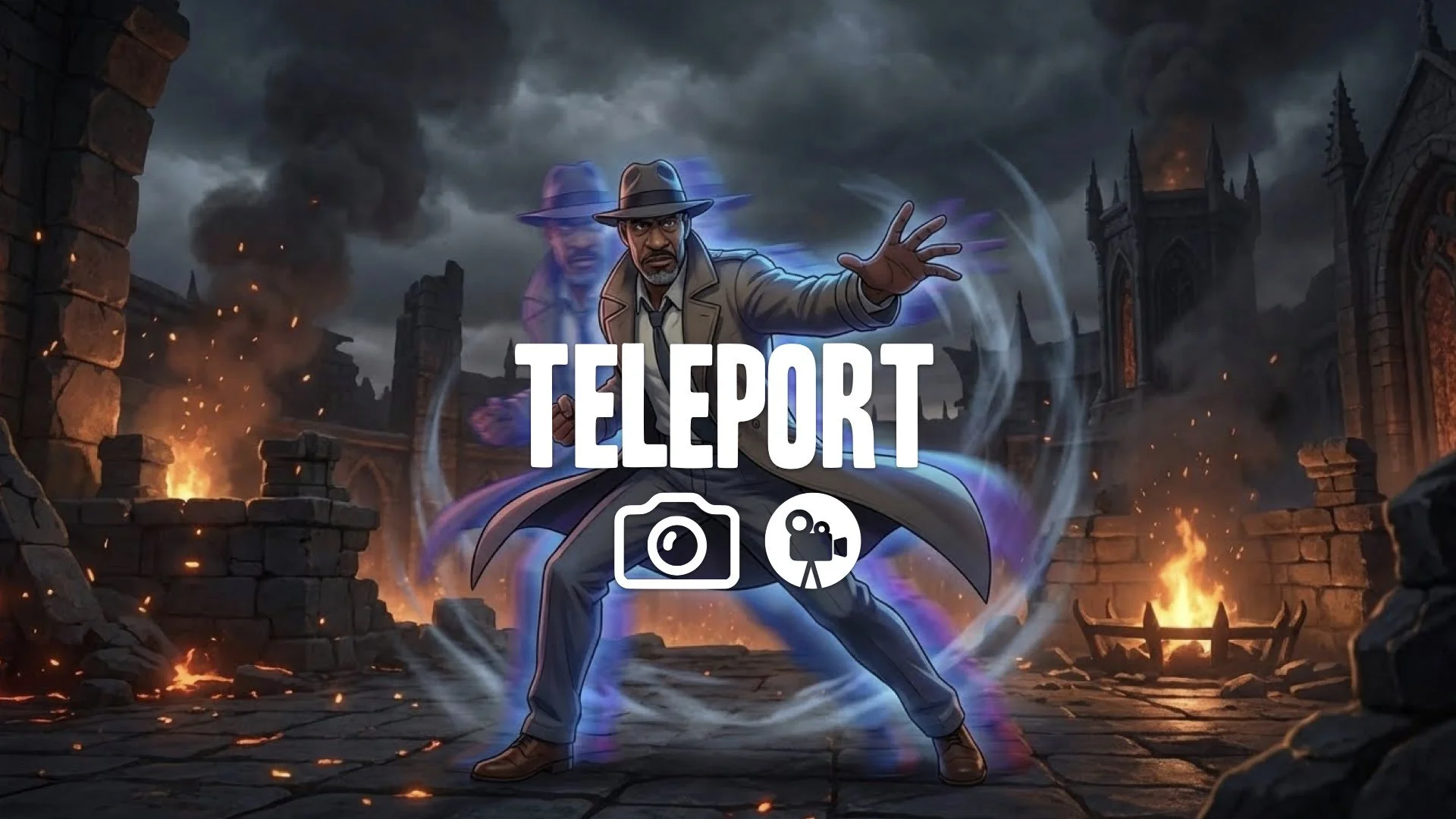 Dynamic teleport attack stance. Glitched afterimage trails and warped air distortion. Dark combat arena backdrop. Keep the character and the original style. No music.