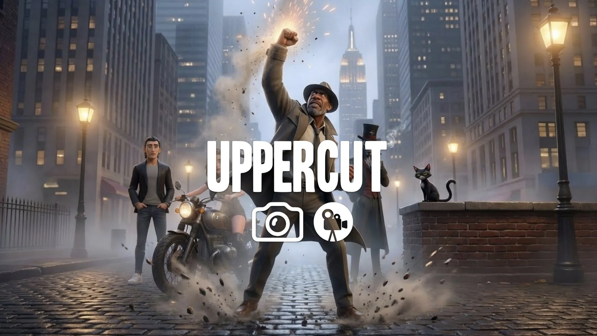 Kinetic twisting uppercut. Upward force explodes with dust and sparks. Enemy launched off-frame. High impact feel. Keep the character and the original style. No music.