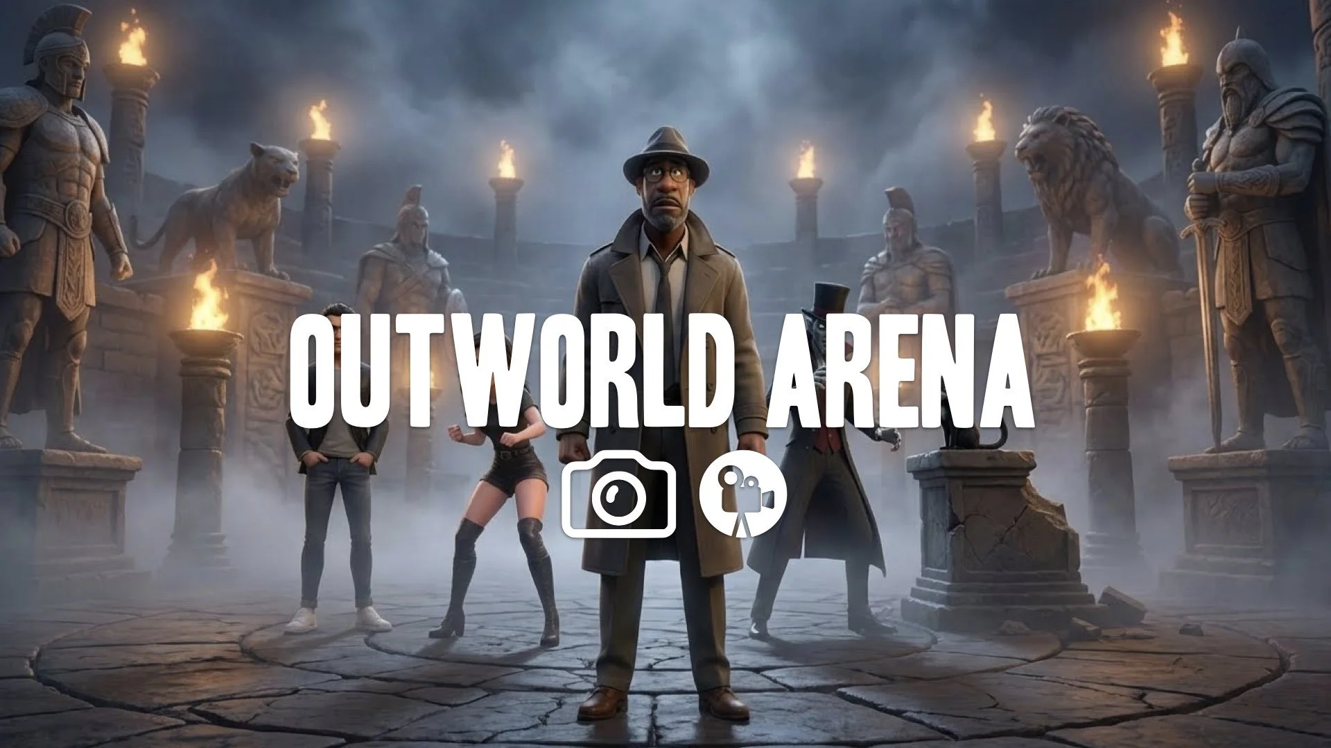 Tense combat stance in dark mystical arena. Torches flare amidst thick mist and ancient stone statues. Heavy MK atmosphere. Keep the character and original style. No music.