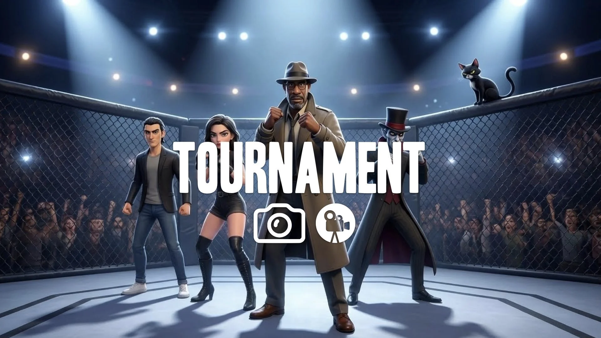 “Keep the character and original style. Repose them standing confidently in a classic MMA-style arena with dramatic spotlights and crowd blur. No music.”